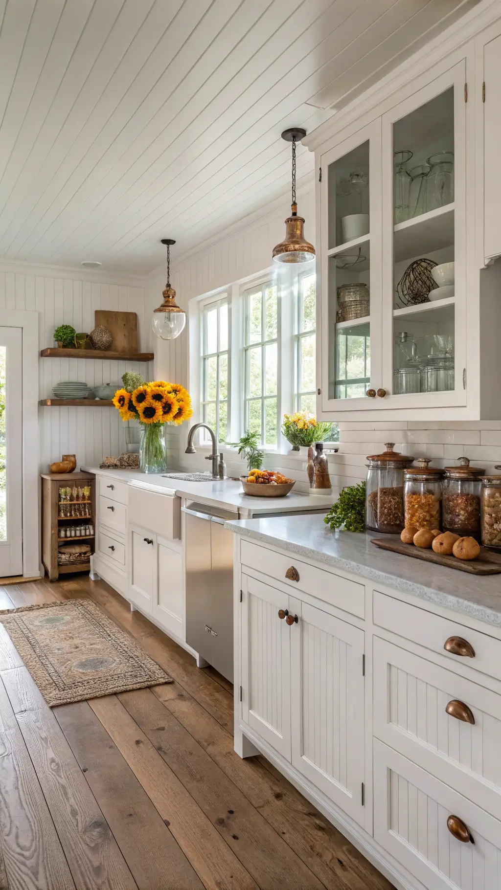 Bright farmhouse kitchen with white beadboard cabinets, 10ft island, oak floors, shiplap wall, and vintage decor including copper pots and sunflowers.