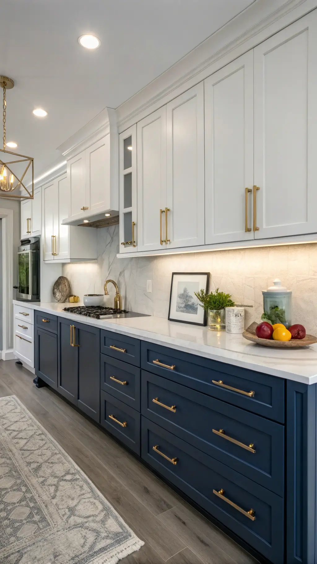 Modern 16x14ft kitchen with Midnight Blue lower cabinets, white uppers, brushed gold hardware, limestone countertops, and soft overhead lighting.