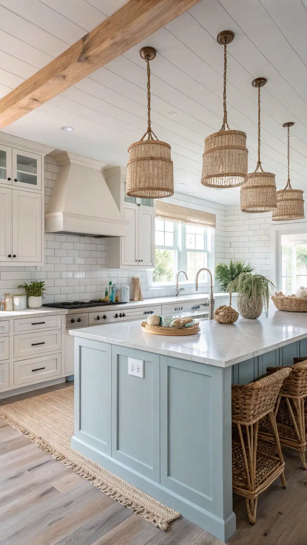 Coastal kitchen with sandy cabinets, pale blue island, rope pendant lights, and natural accents in soft afternoon light.