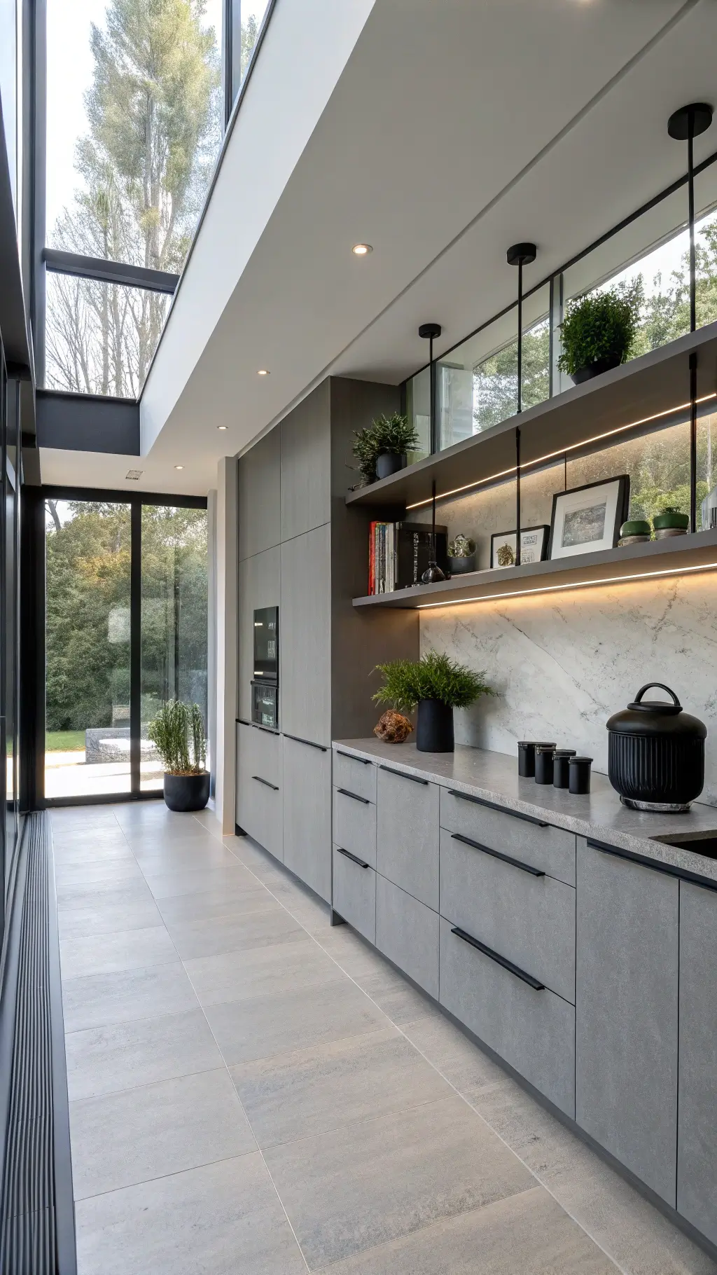 Modern minimalist kitchen with matte gray cabinets, floor-to-ceiling windows, floating shelves, black ceramics, oversized art, and greenery in black planters.