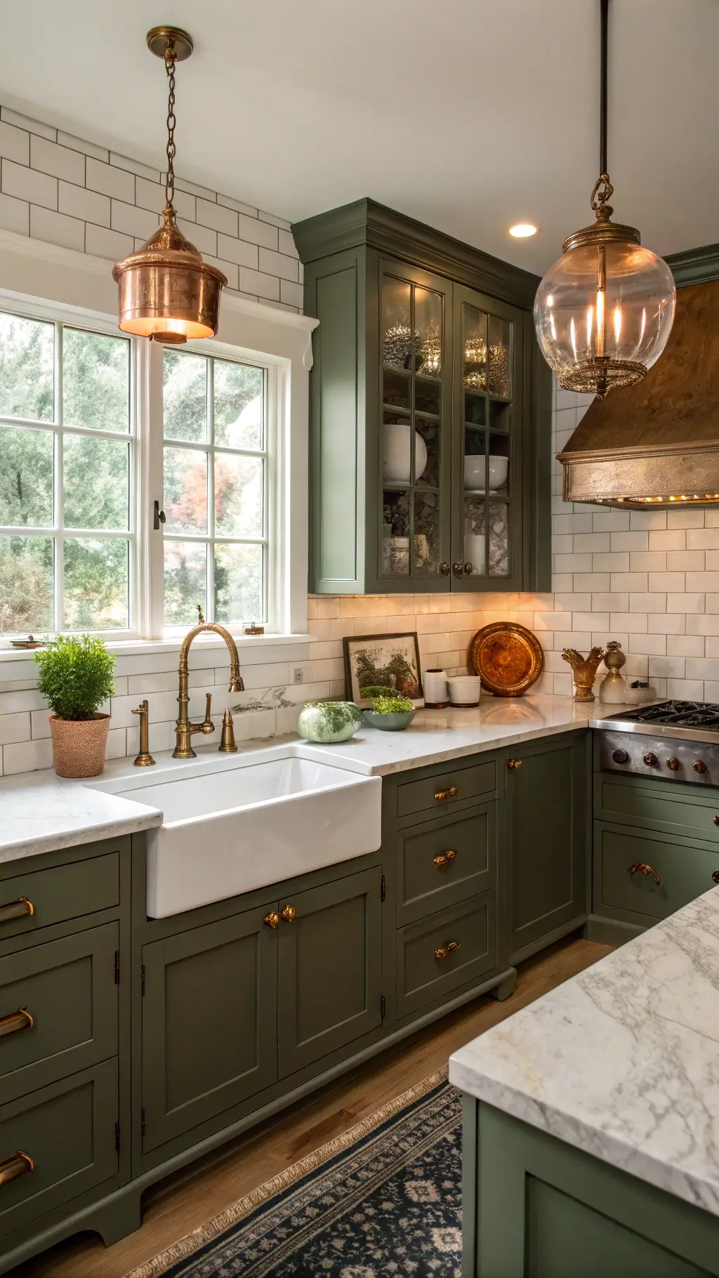 Traditional 10x12ft kitchen with dark olive green heritage cabinets, Carrara marble counters, crystal pendant over farmhouse sink, and copper pots hanging from ceiling rack, bathed in golden hour light.