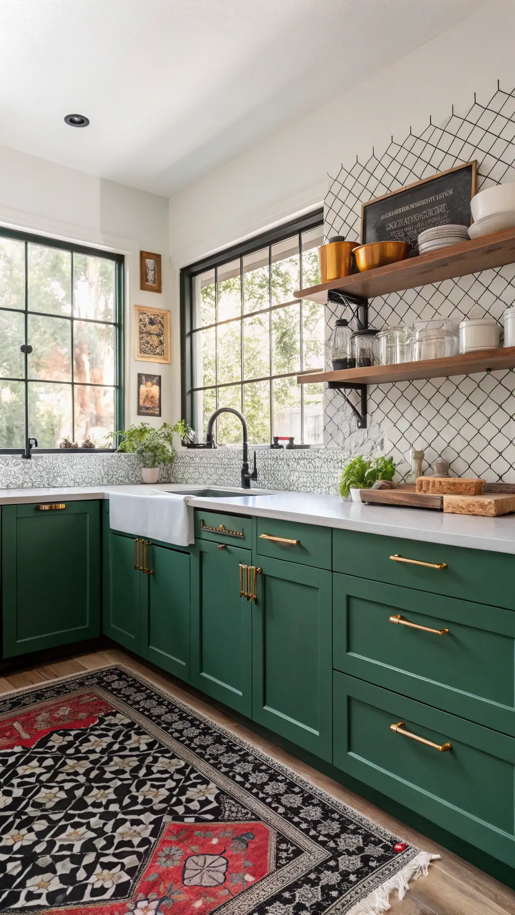 Eclectic L-shaped kitchen with emerald green cabinets, geometric black and white tile backsplash, open shelves displaying ceramics, and a vintage Persian runner, bathed in mid-afternoon light.