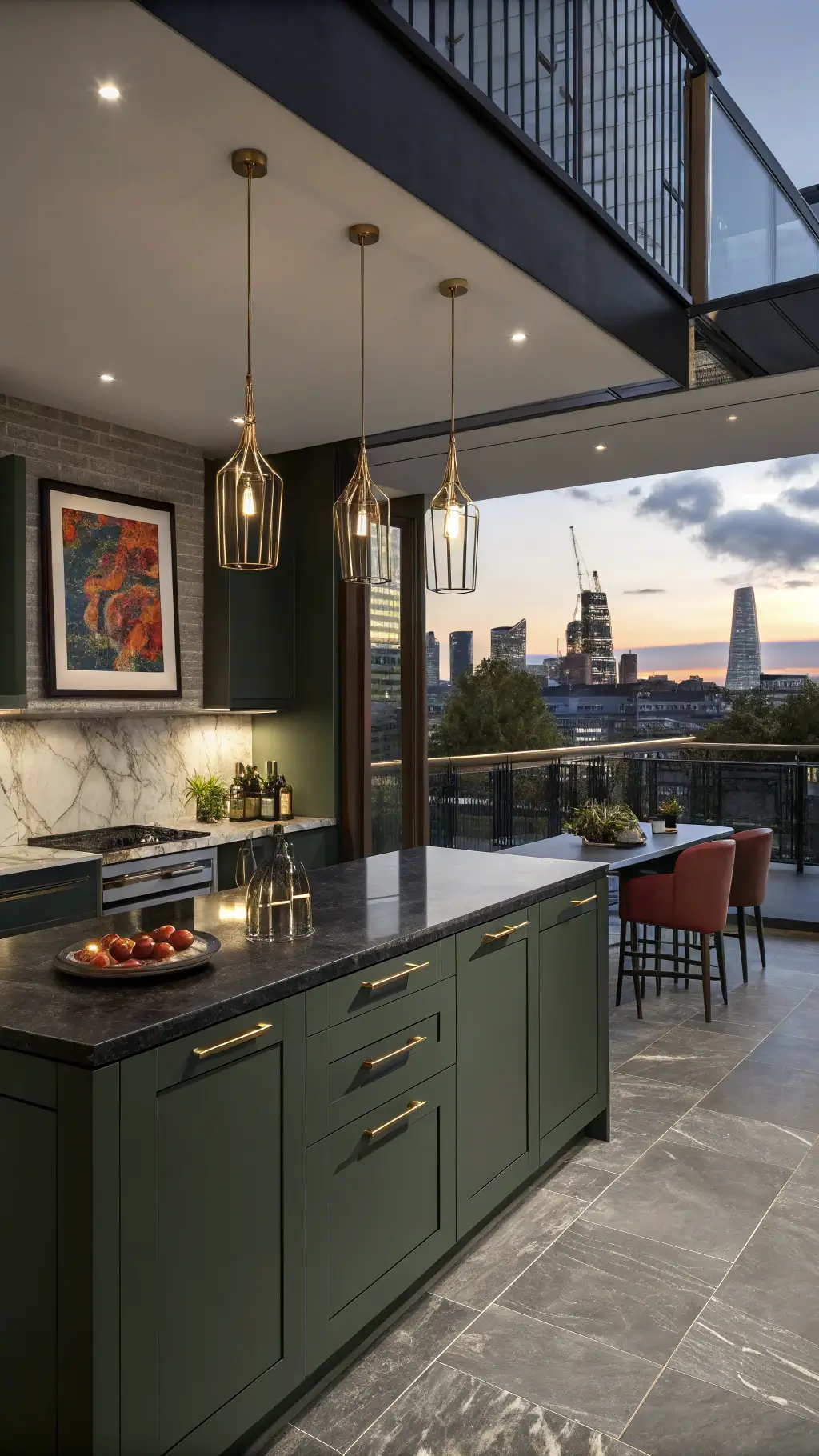 Contemporary 15x18ft kitchen-diner at dusk with hunter green cabinets, black granite waterfall island, mixed metal pendant lights, and abstract artwork, viewed from above with moody lighting.