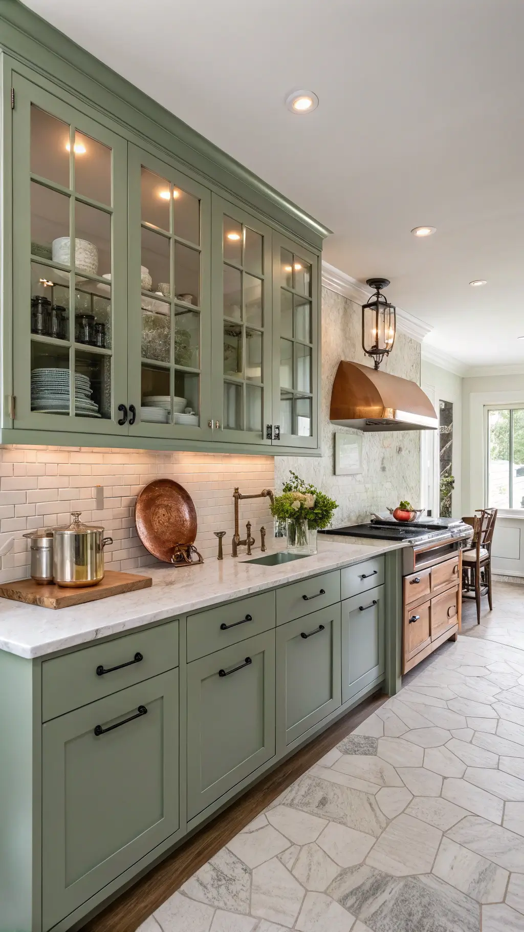 Transitional galley kitchen with sage green cabinets, white oak island, marble counters, and copper cookware in warm morning light.