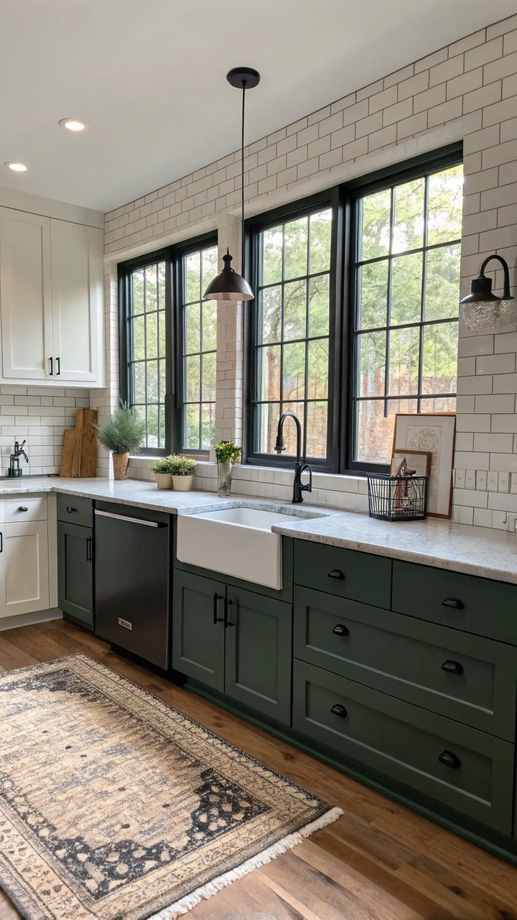 Modern farmhouse kitchen with deep green shaker cabinets, soapstone countertops, white brick backsplash, black steel windows, and vintage rug in golden hour light.