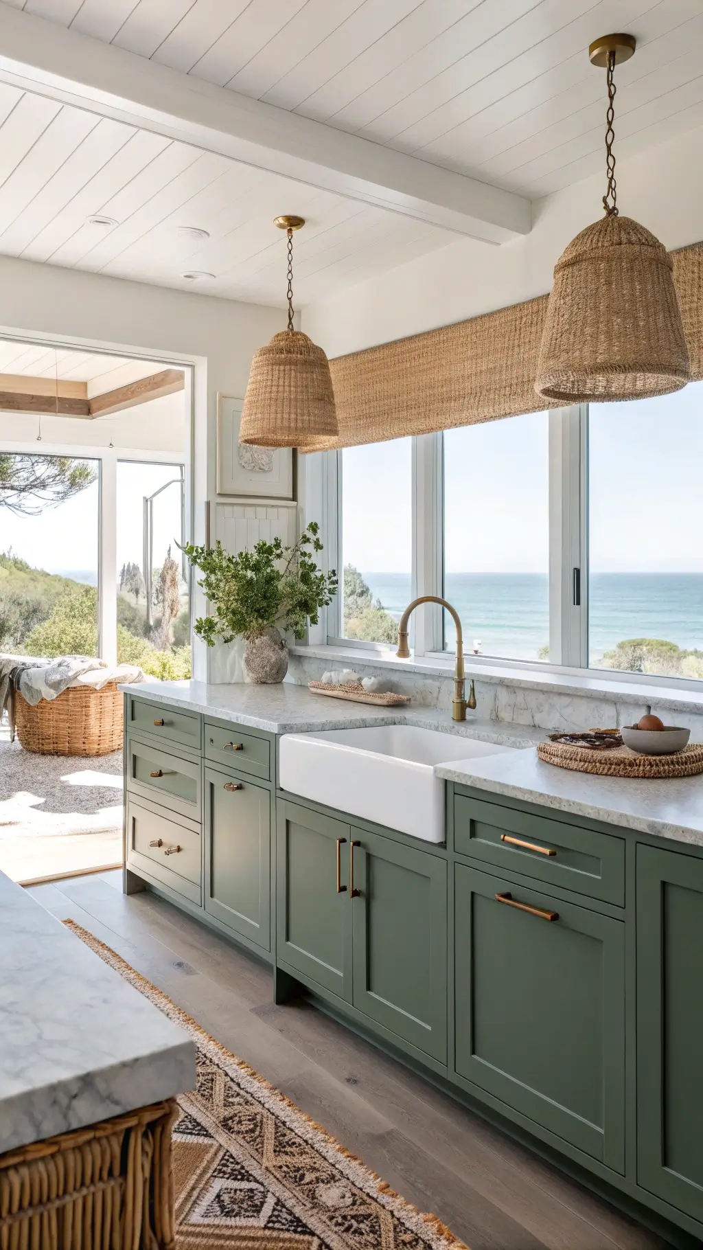 Bright coastal kitchen with dark sage cabinets, brass pulls, light quartzite counters, rattan pendants, and ocean view through large window.