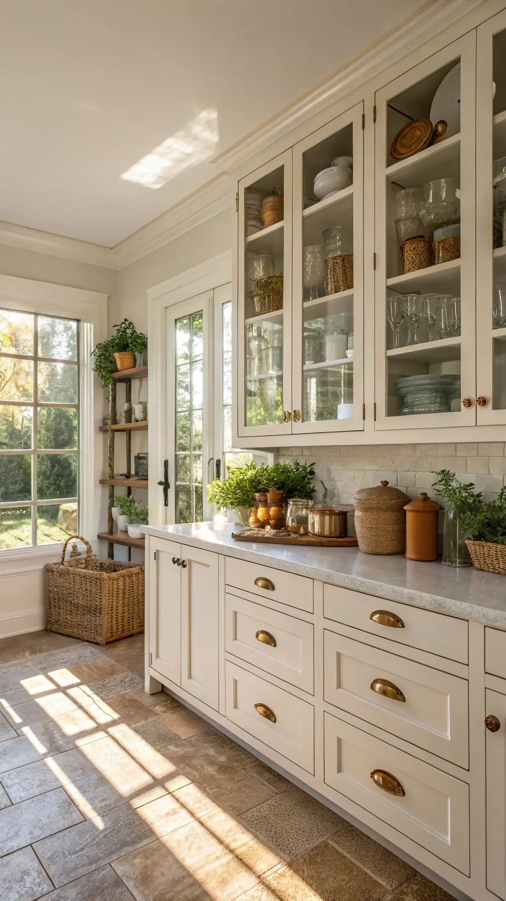 Sunlit contemporary kitchen pantry with glass doors displaying organized jars, baskets, and canisters, accented by warm wood tones and brass hardware during golden hour.