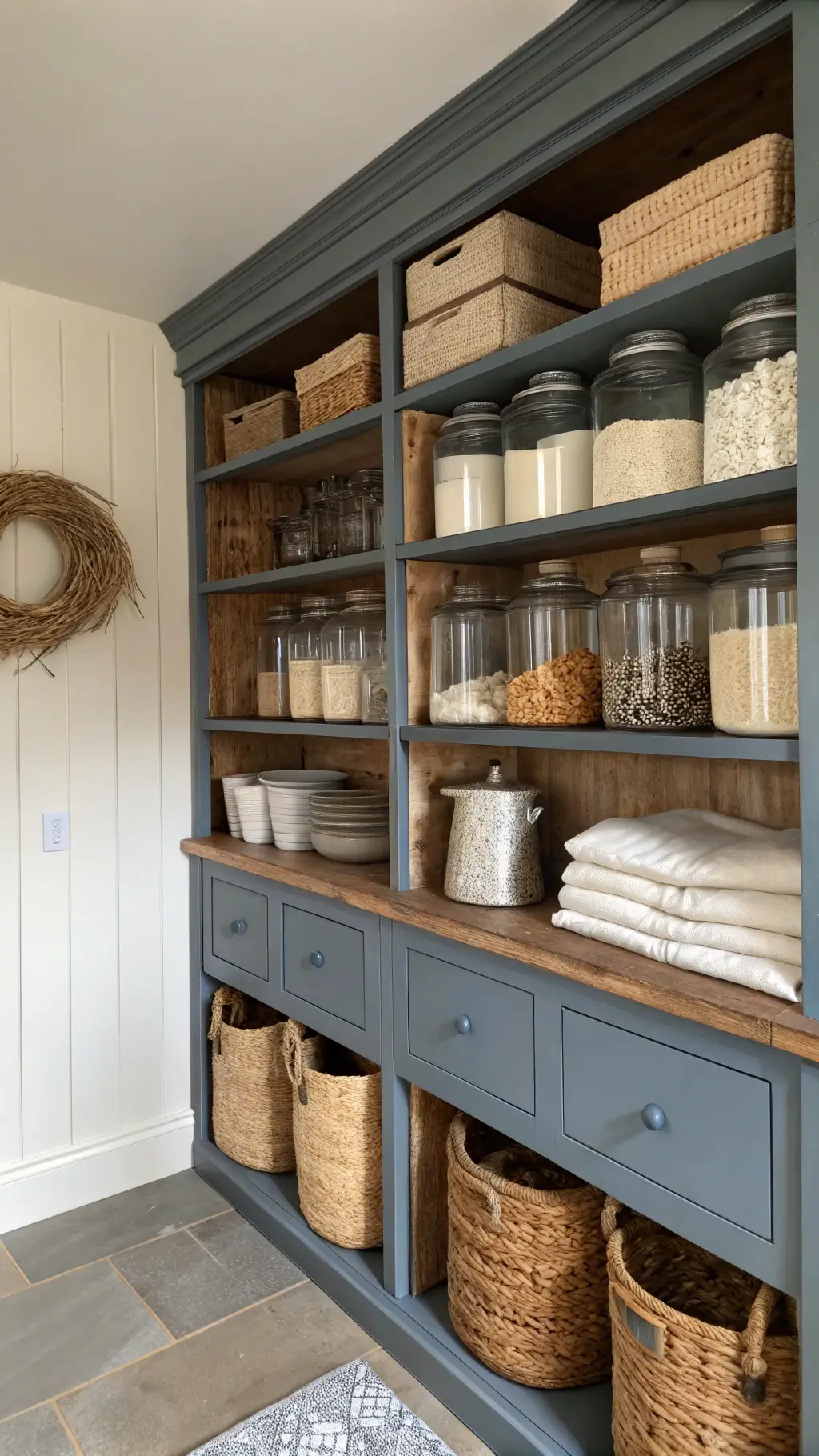 Open farmhouse pantry with weathered gray wood shelves, vintage enamelware, and glass jars lit by moody morning light.