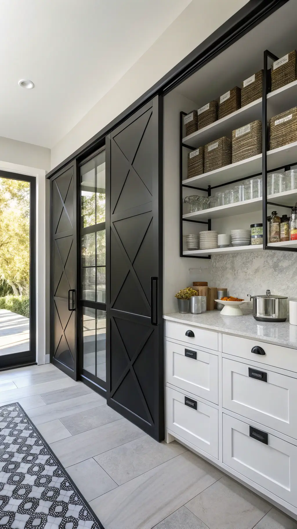 Modern 15x18ft kitchen with matte black sliding pantry doors, minimalist white and glass containers, and geometric organization, shot in bright midday lighting.