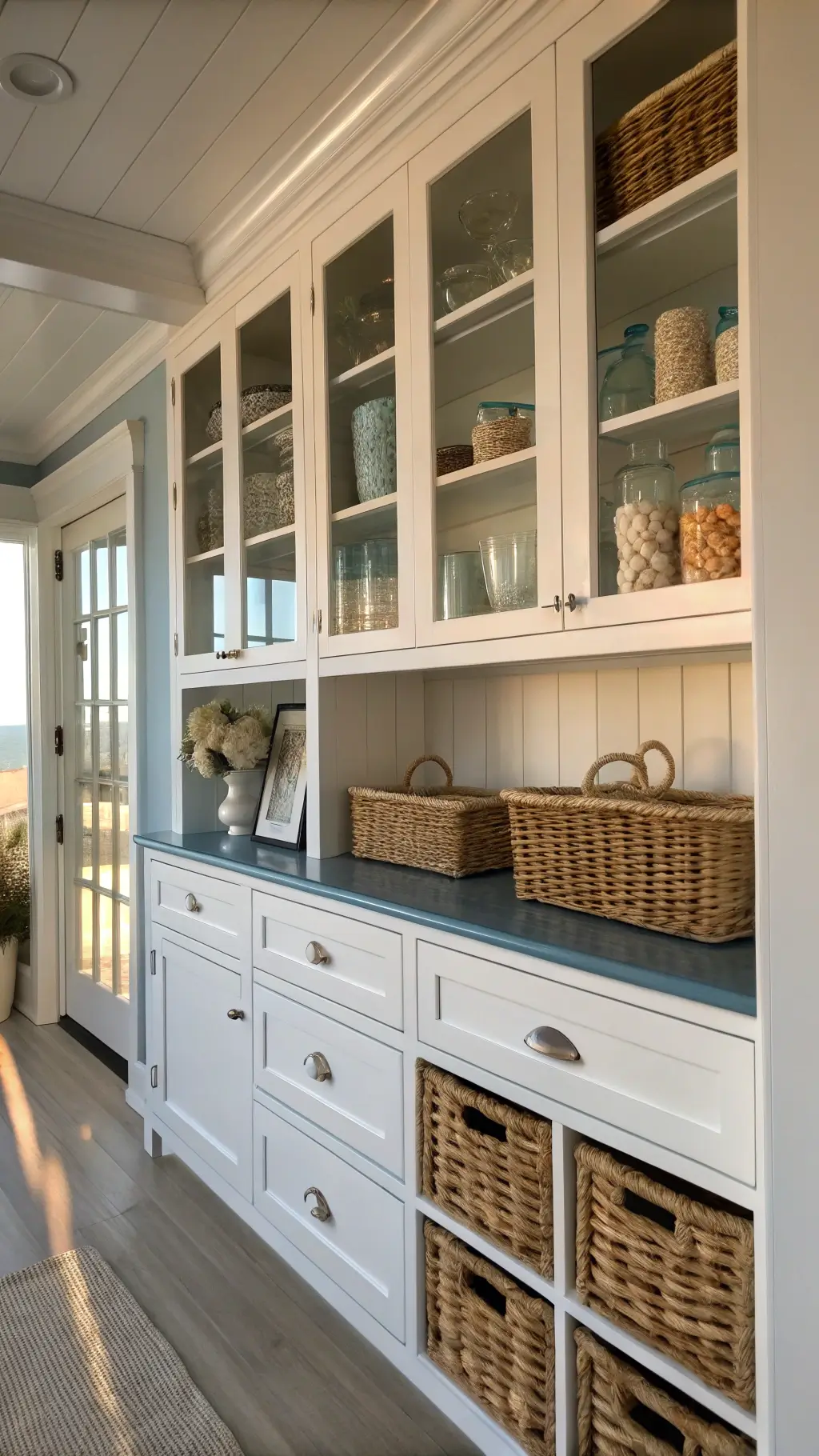Butler's pantry in coastal kitchen with white shaker cabinets, seagrass baskets, blue glass storage, and nautical decor in soft natural light.