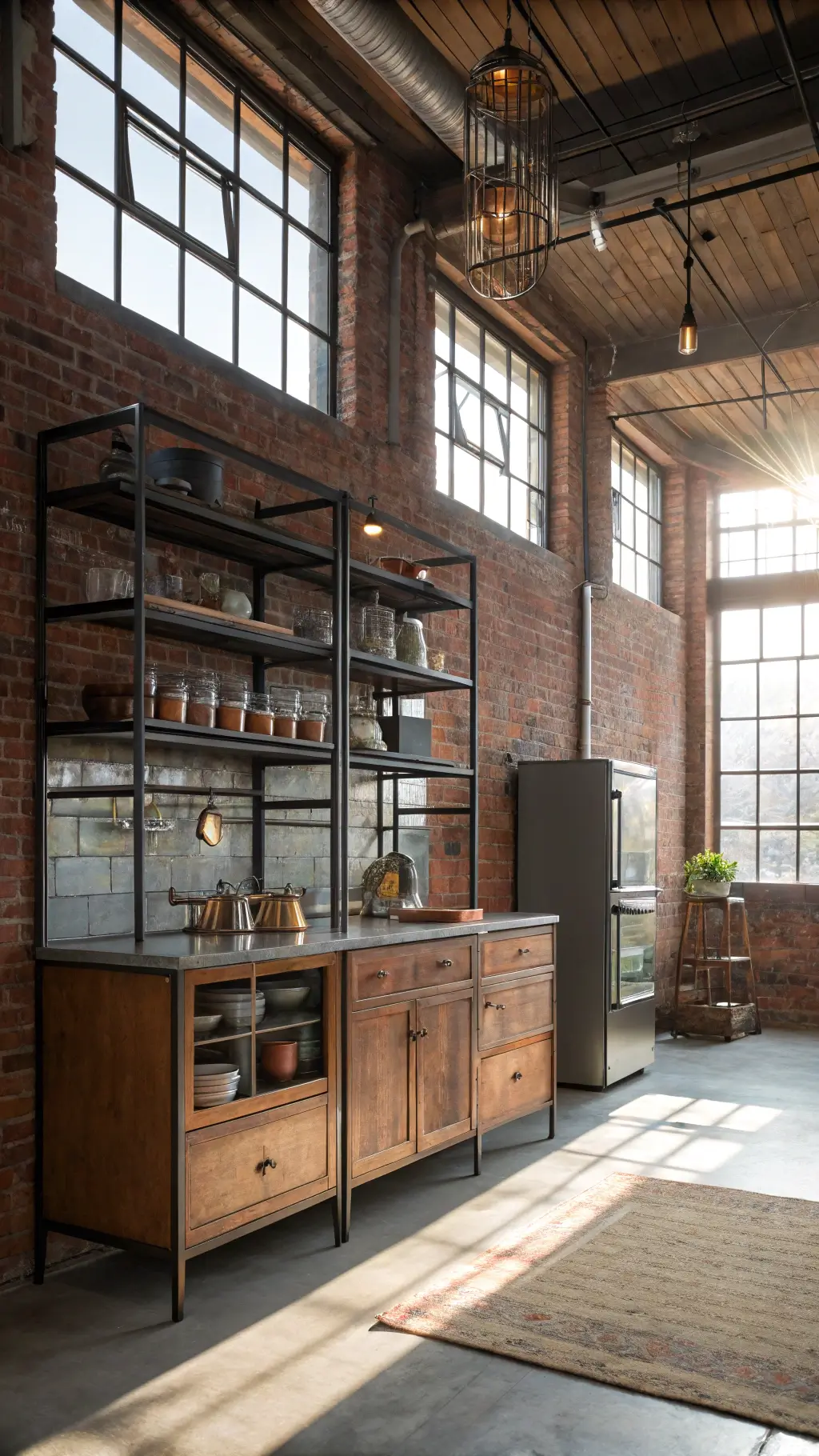 Industrial loft kitchen with exposed brick wall, metal shelves, copper accessories, and factory windows casting morning light.