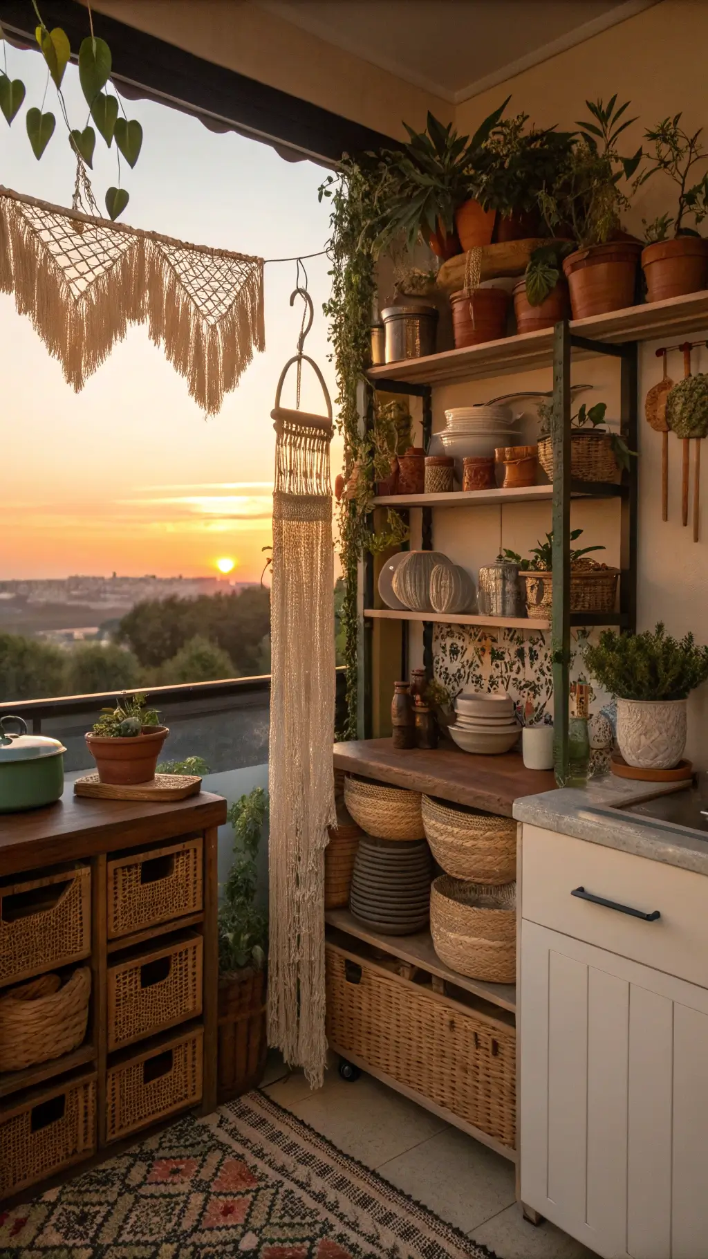 Bohemian kitchen nook with open pantry shelves, rattan baskets, dried herbs, and ceramic pottery in warm terracotta, sage green, and cream tones, captured during golden hour with soft depth.