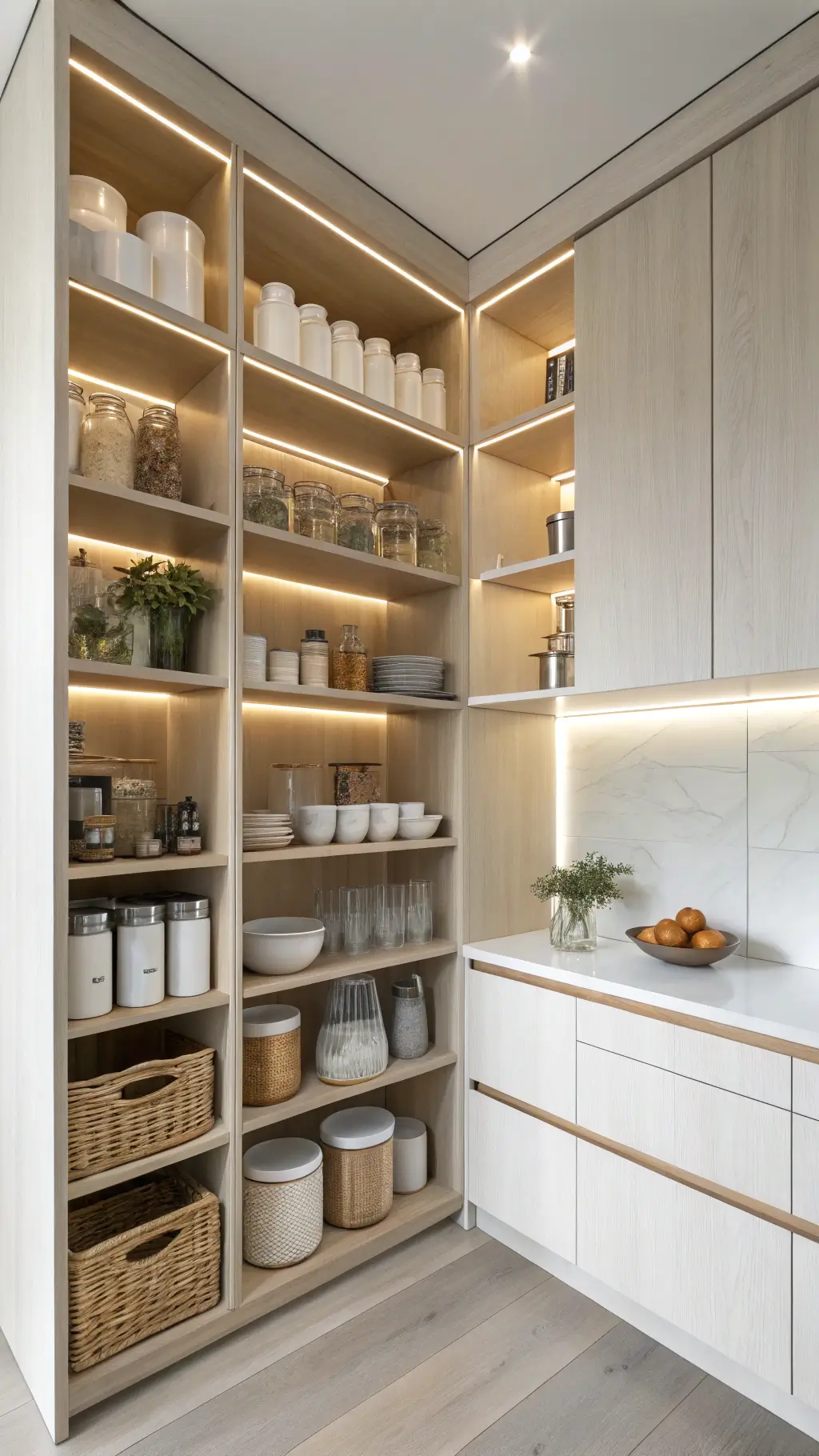 Scandinavian-style kitchen pantry with floor-to-ceiling white oak shelves, soft morning light, and neatly organized ceramic and glass containers.
