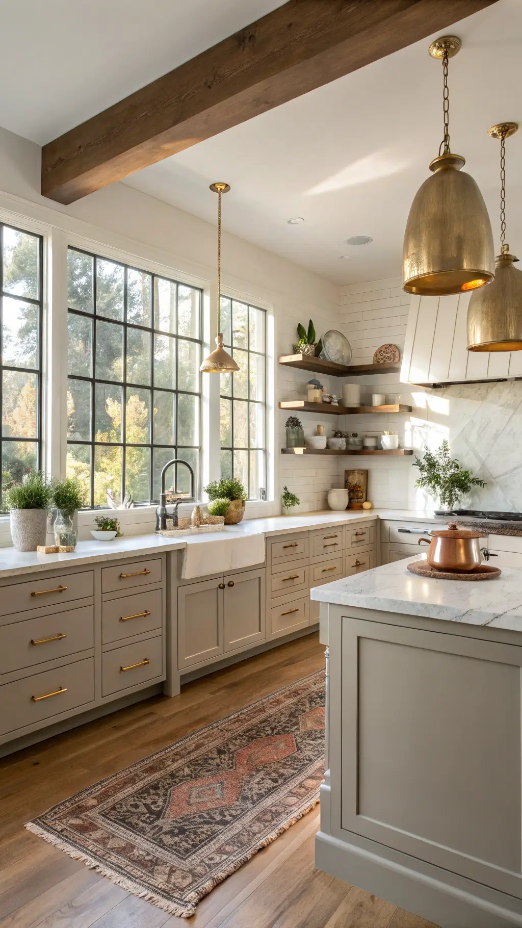 Modern greige L-shaped kitchen with marble island, brass lighting, oak floors, and warm golden hour lighting through large windows.