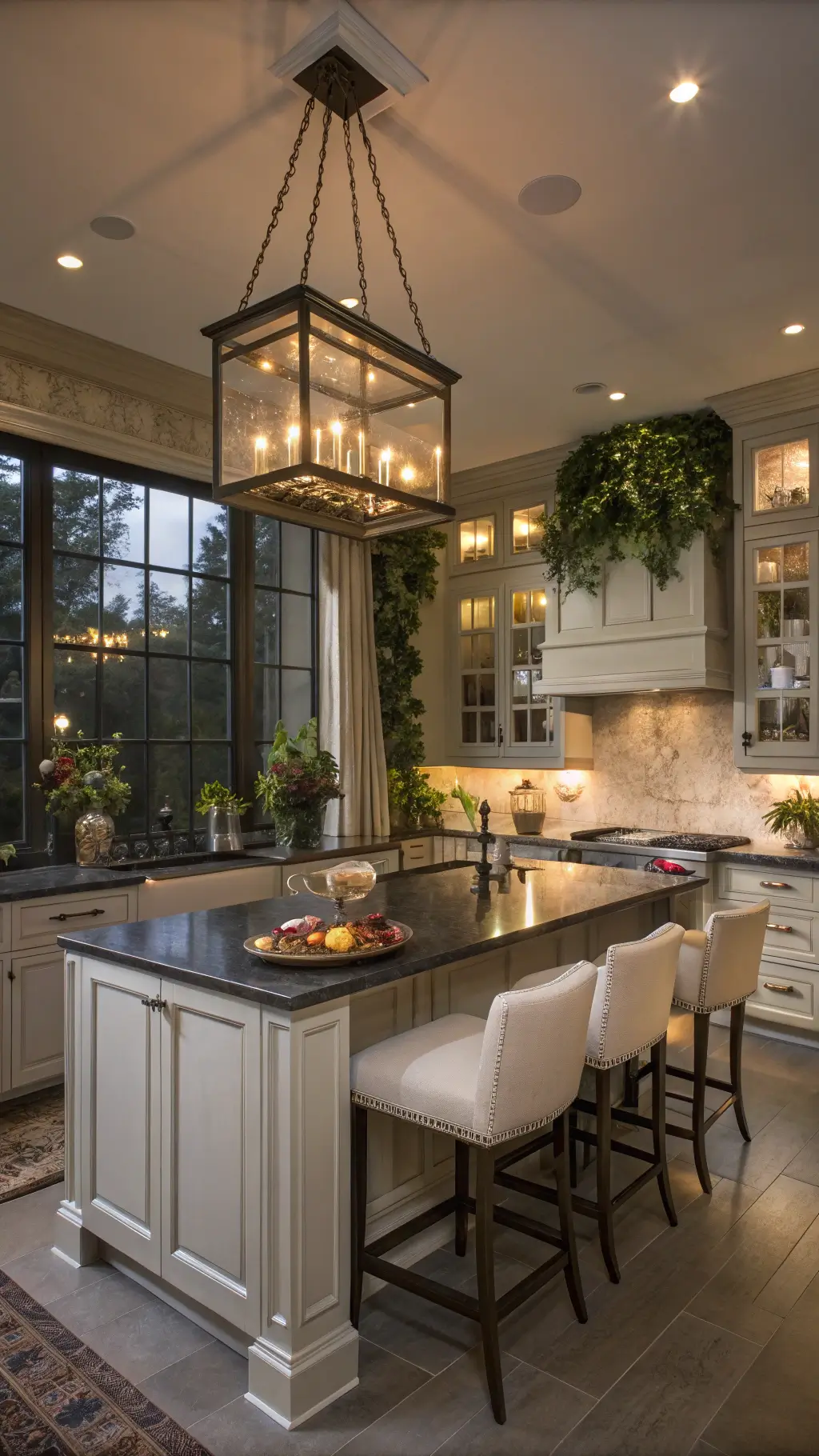 Dramatic dusk kitchen with greige floor-to-ceiling cabinets, under-cabinet lighting, glass-front uppers displaying dishware, black granite island with cream barstools, copper cookware, fresh vegetables, and trailing ivy.