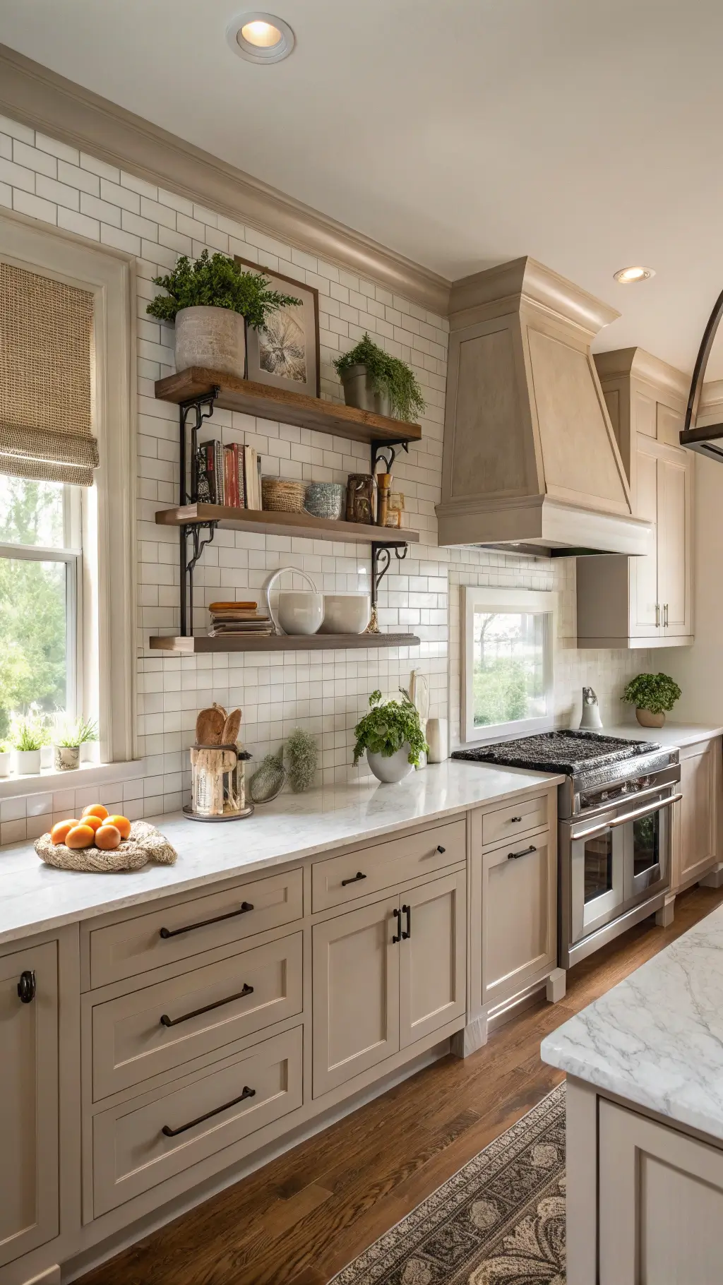 Transitional greige kitchen with floor-to-ceiling cabinets, white subway tile backsplash, floating wood shelves, marble countertops, and bronze fixtures in mid-morning light.