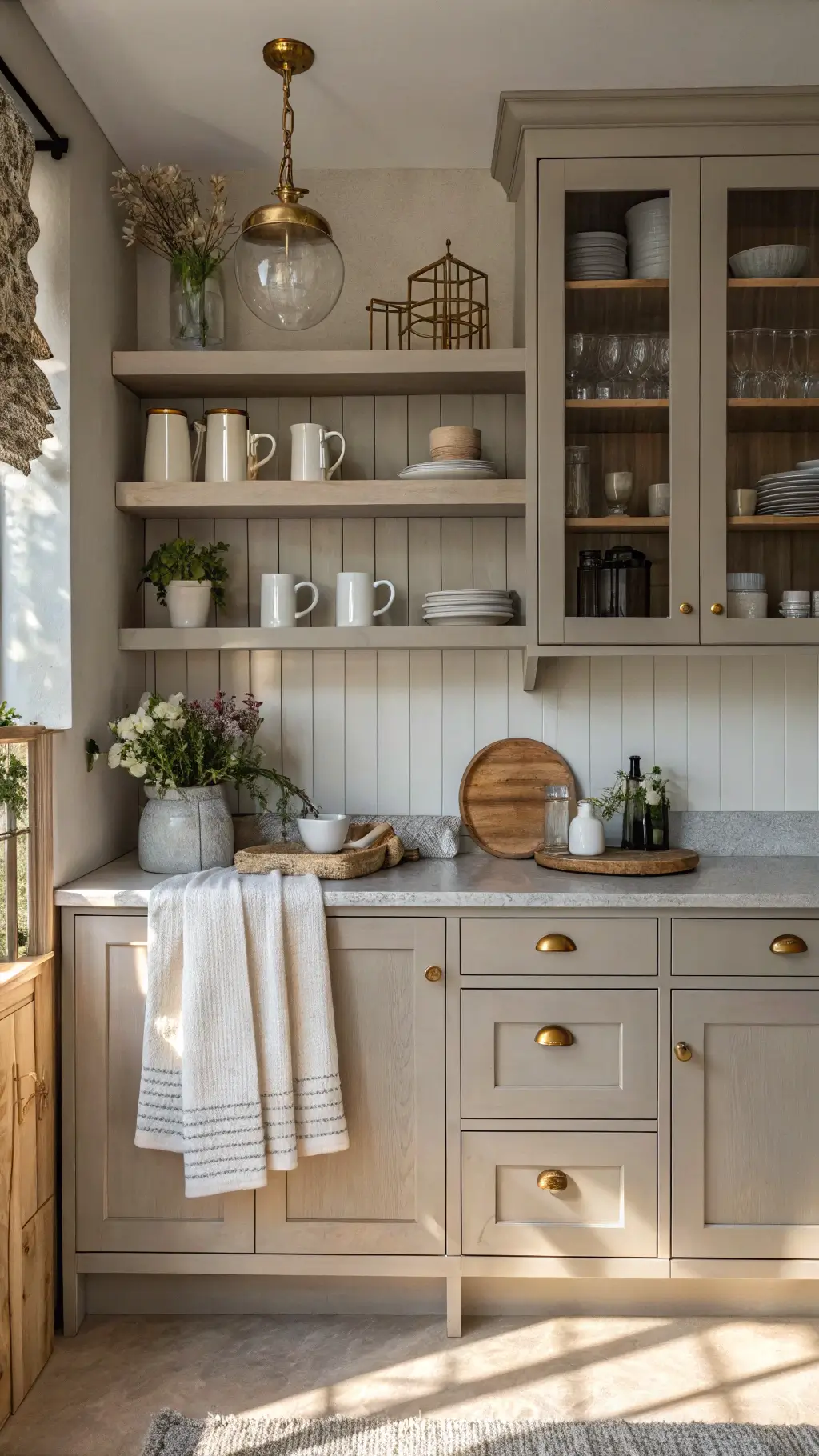 Greige kitchen breakfast station with built-in coffee bar, brass hardware, floating shelves, and vintage accents in early morning sunlight.