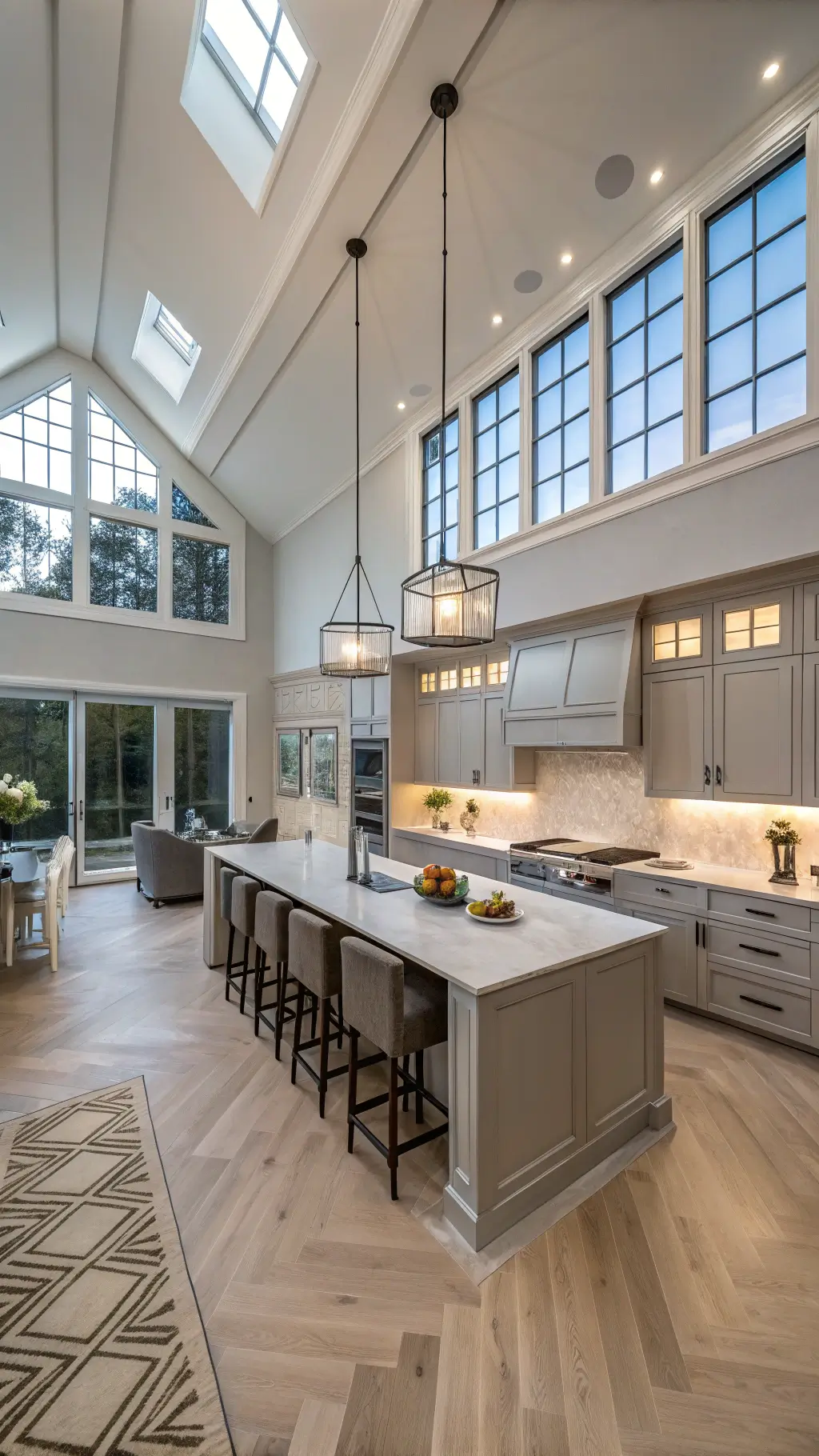 Drone view of contemporary greige kitchen with double-height ceilings, herringbone white oak floors, large island seating six, pendant lighting, and HDR lighting during blue hour.