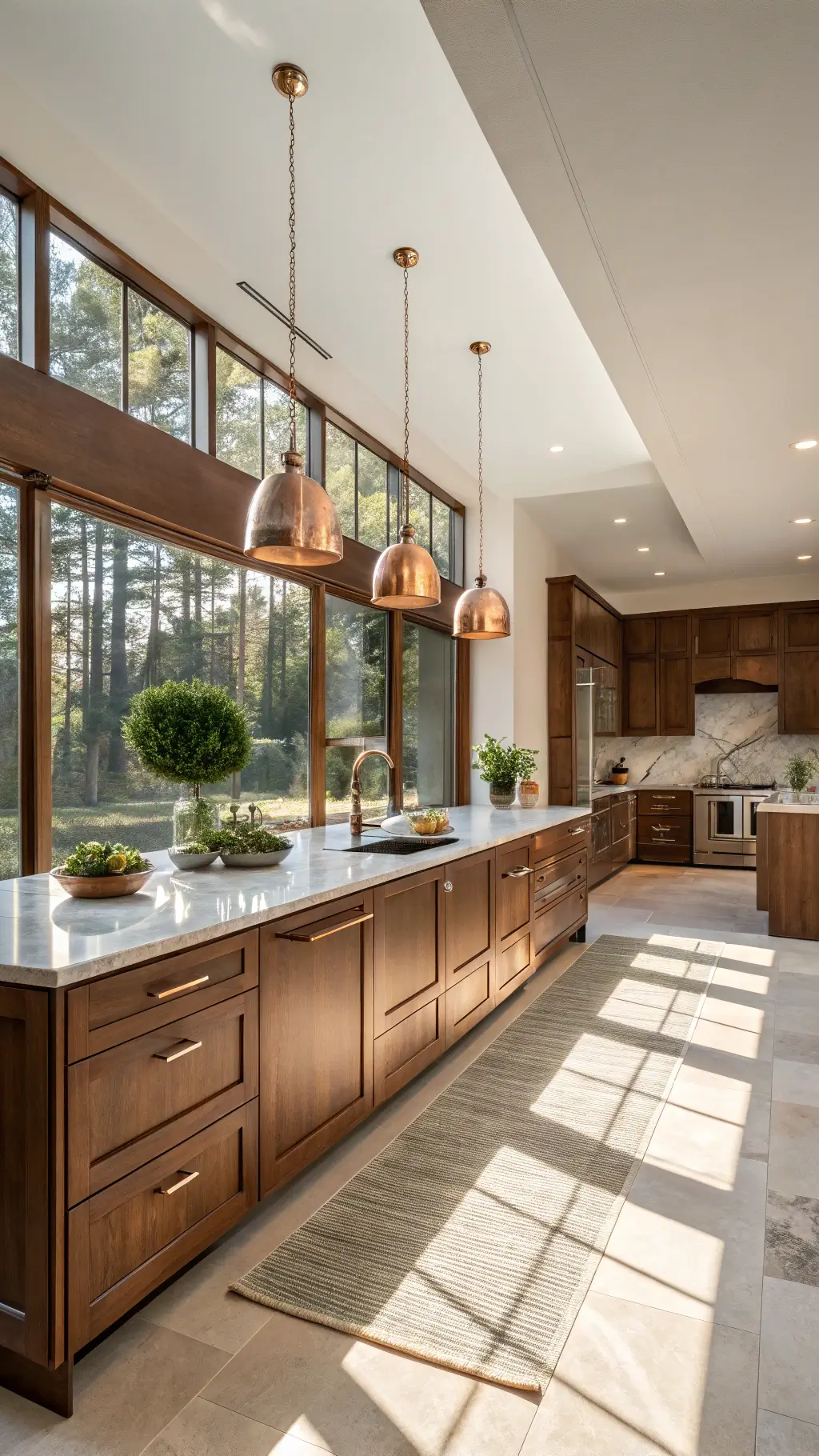 Contemporary walnut kitchen with marble countertops and golden hour sunlight, featuring copper pendant lights, brushed gold hardware, and organic accents.