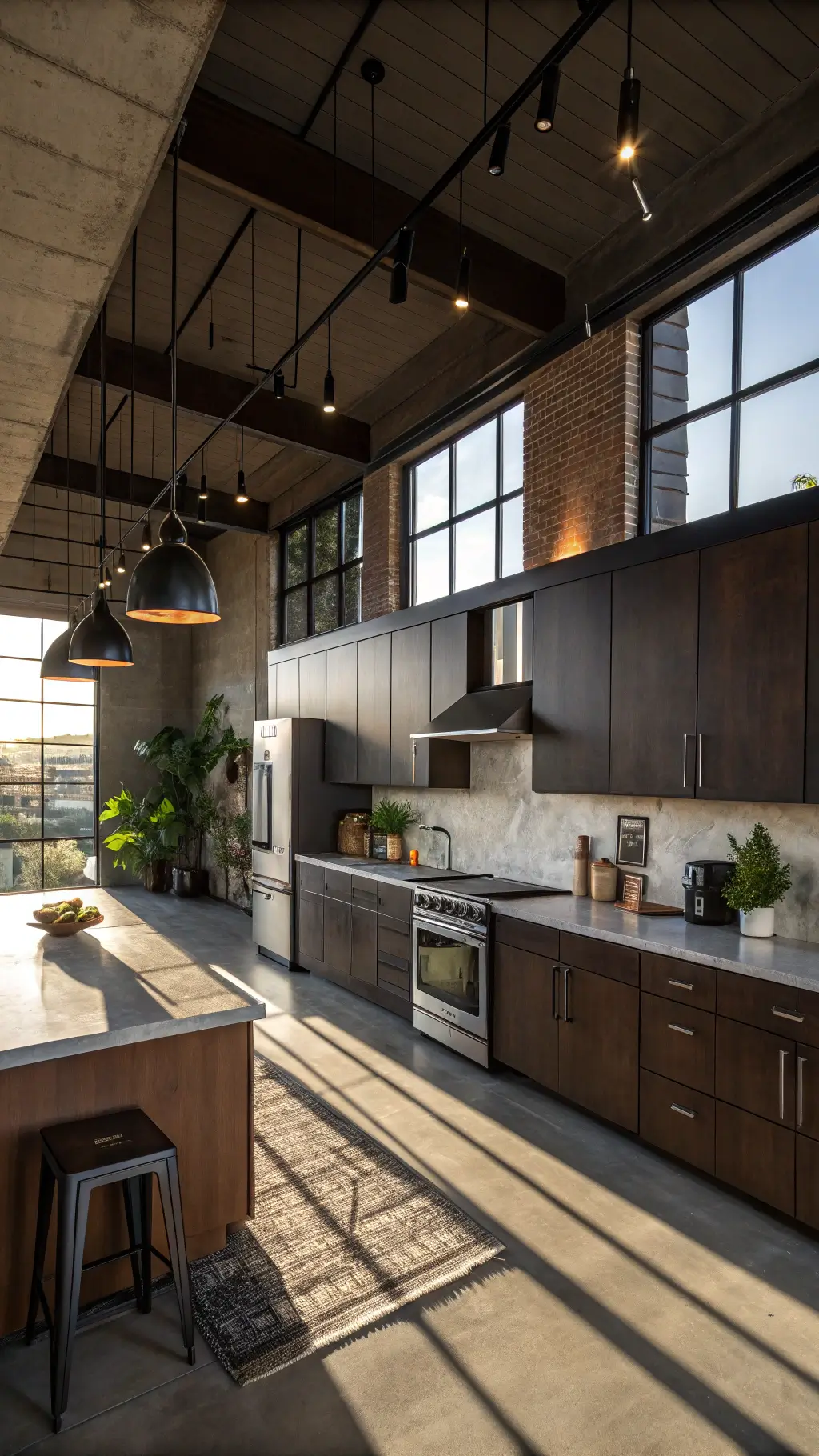 Modern industrial kitchen with espresso flat-panel cabinets, concrete countertops, and brushed steel appliances in dramatic late afternoon lighting.