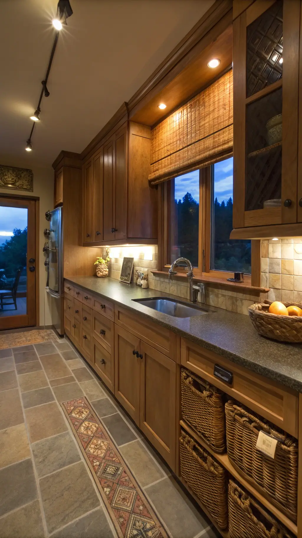 Cozy 8x10ft galley kitchen with honey-brown Craftsman cabinets, warm under-cabinet lighting, hammered copper sink, earth-toned ceramic tiles, and woven baskets for added texture.