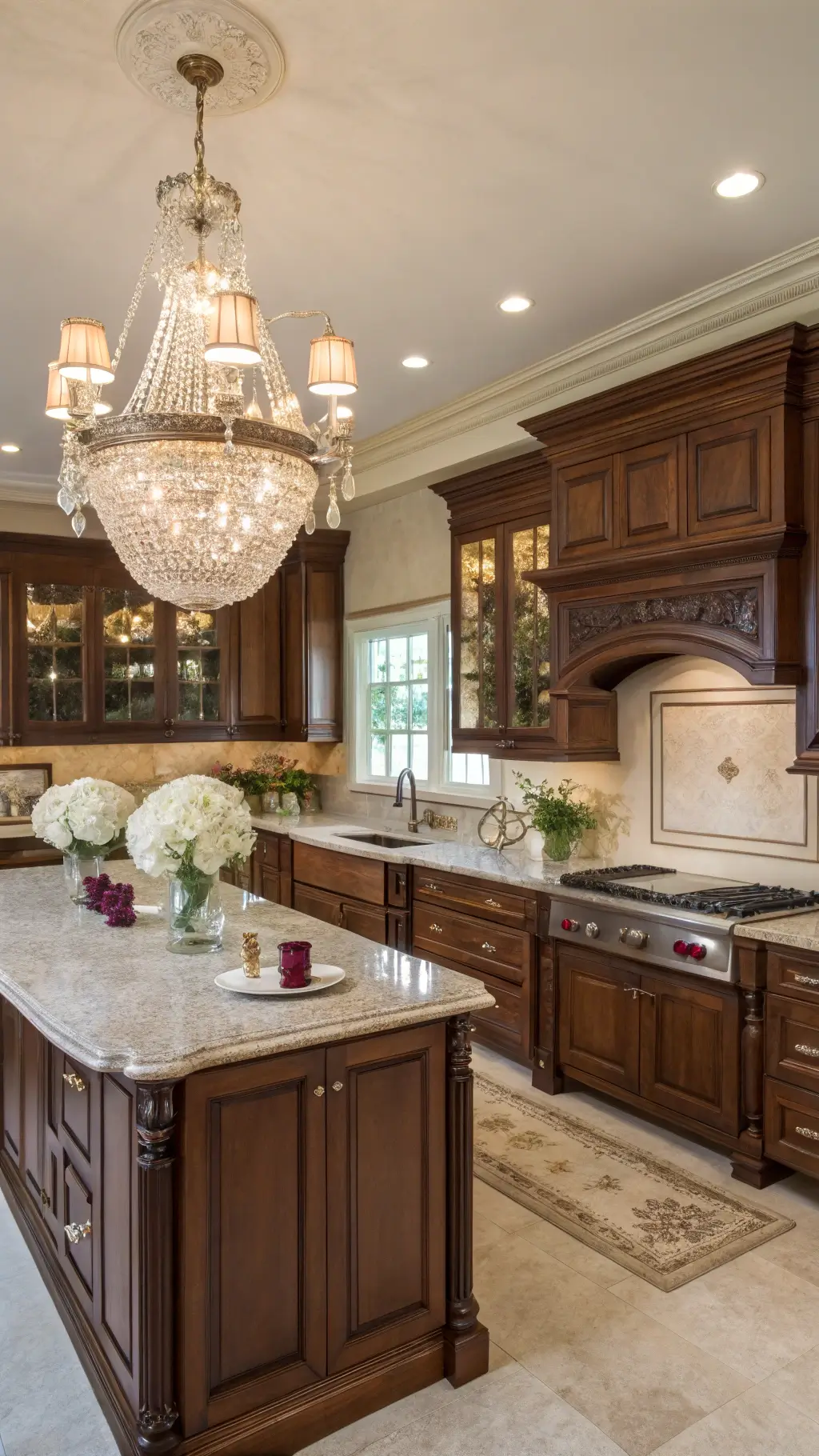 Luxurious traditional kitchen with mahogany cabinets, granite countertops, crystal chandelier, and elegant classic details.