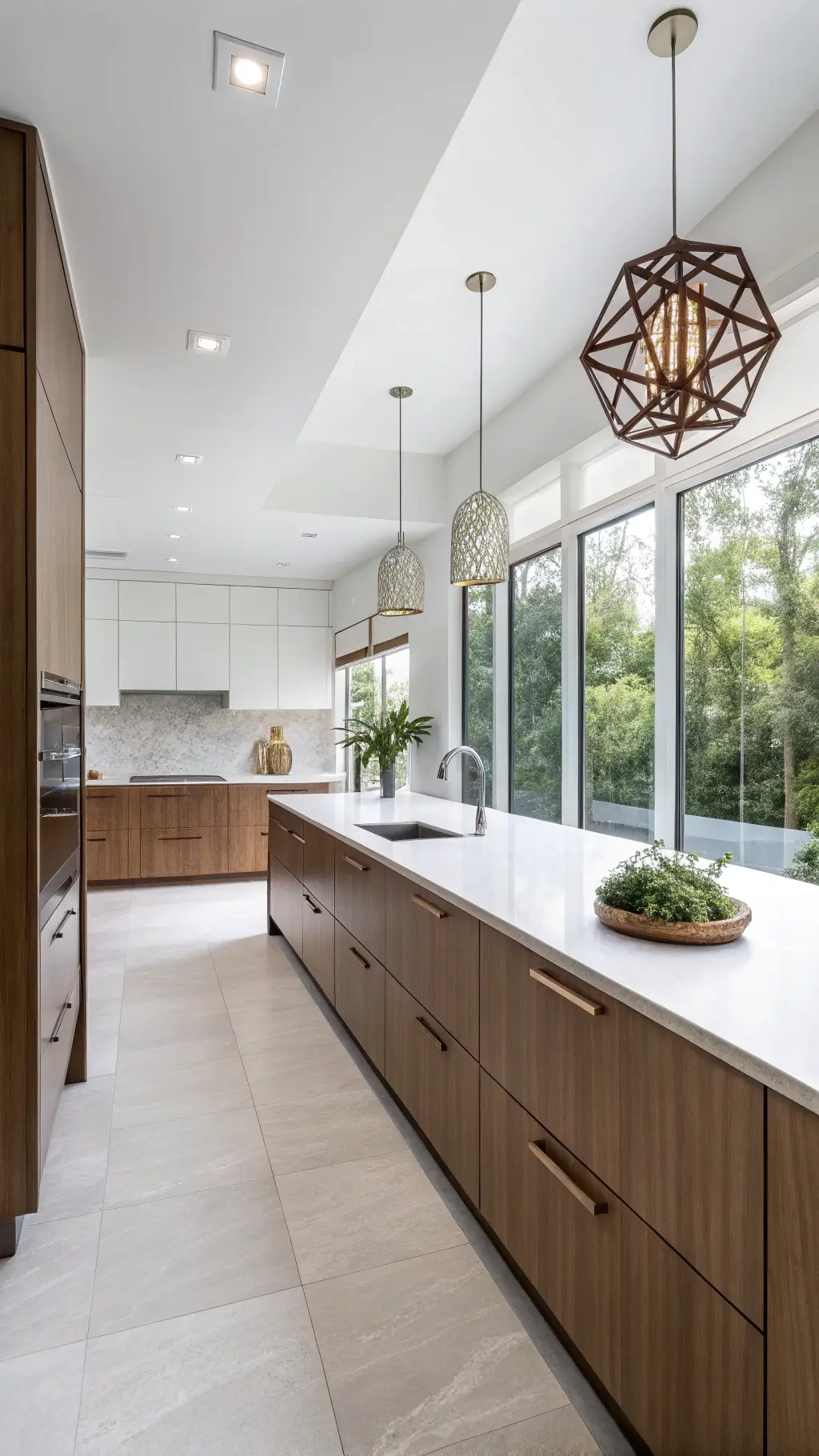 Minimalist 12x14ft kitchen with medium-brown slab cabinets, white quartz waterfall countertop, and brushed bronze pendant lights, evenly lit by diffused midday light through frosted windows.