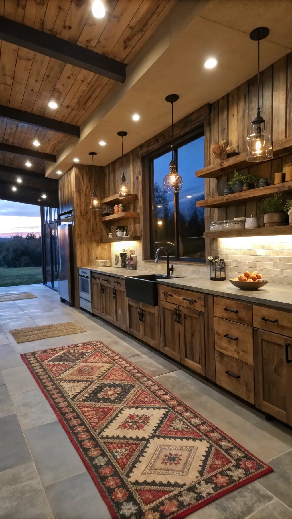 Rustic-modern 11x13ft kitchen at dusk with reclaimed barn wood cabinets, Edison bulb and LED lighting, live-edge shelves, artisanal pottery, black iron hardware, concrete countertops, and vintage kilim runner.