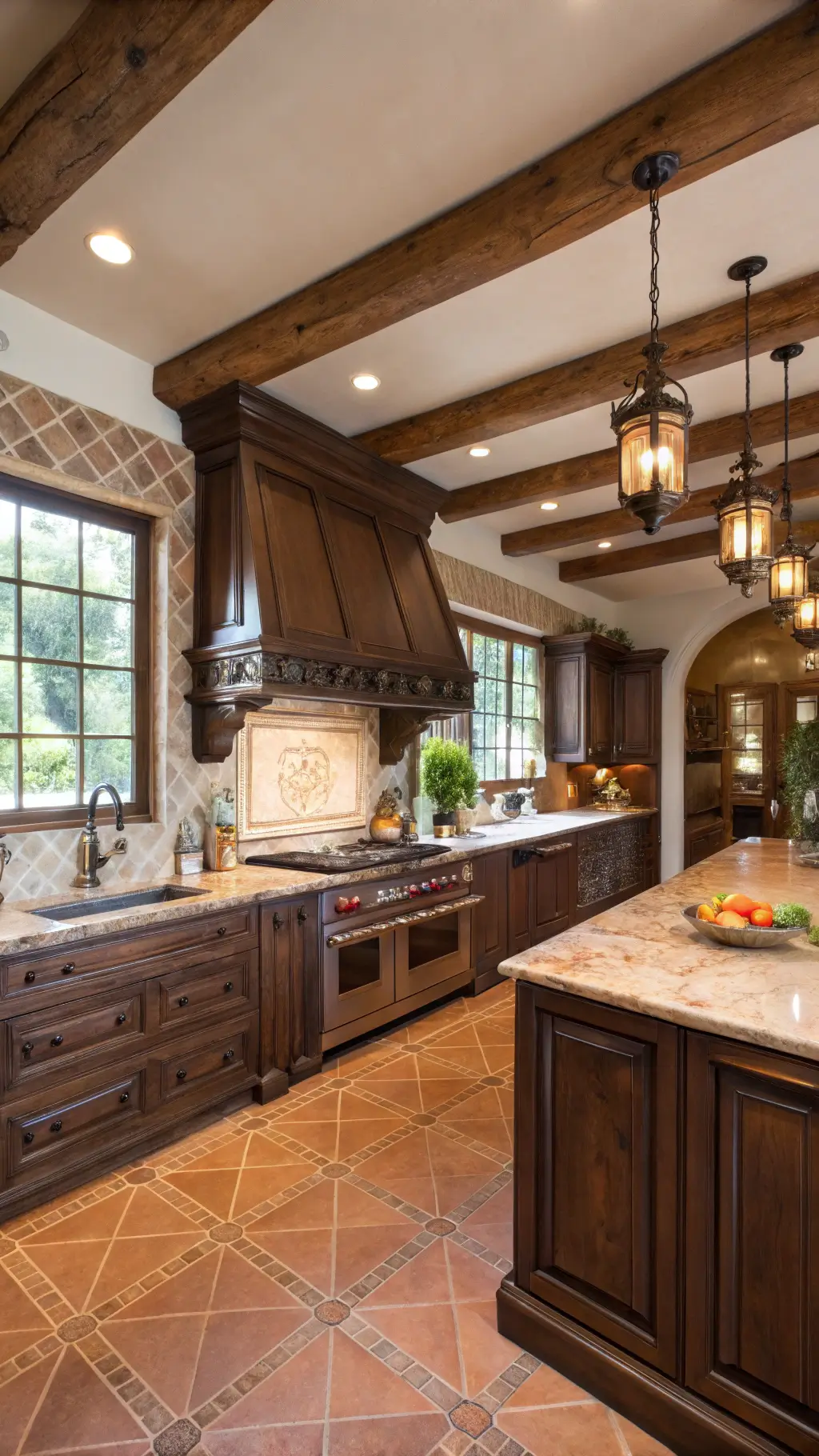 Classic 15x18ft kitchen with rich espresso cabinets, cream veined marble countertops, rustic ceiling beams, terracotta tile floors, and hanging copper pots, lit by natural and warm lighting.