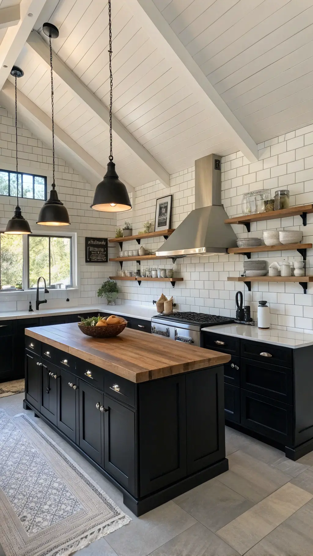 Modern farmhouse kitchen with matte black cabinets, butcher block island, white subway tile walls, vaulted ceiling, and industrial pendant lights, bathed in afternoon skylight.