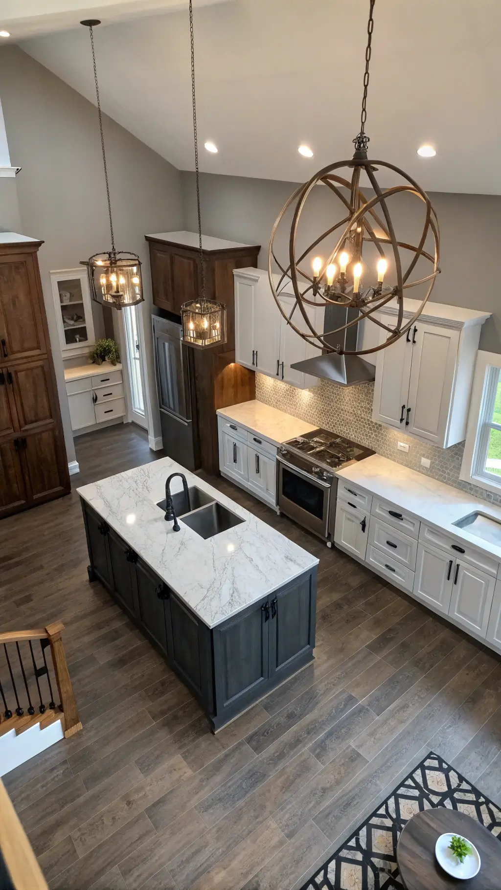 Overhead view of a 16x20ft open concept kitchen with charcoal lower cabinets, white uppers, soapstone countertops, walnut pantry wall, and globe chandelier cluster over a central island.
