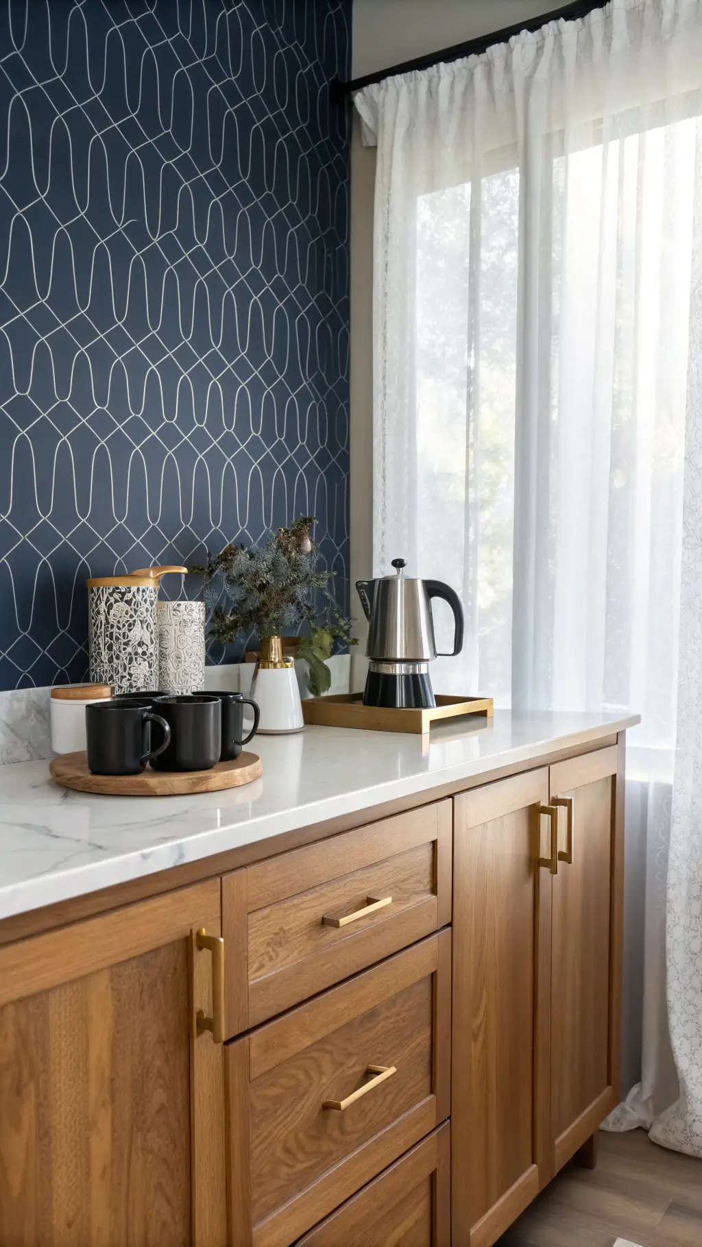 Stylish morning coffee station with oak cabinets, navy wallpaper, and marble counter in soft dawn light.