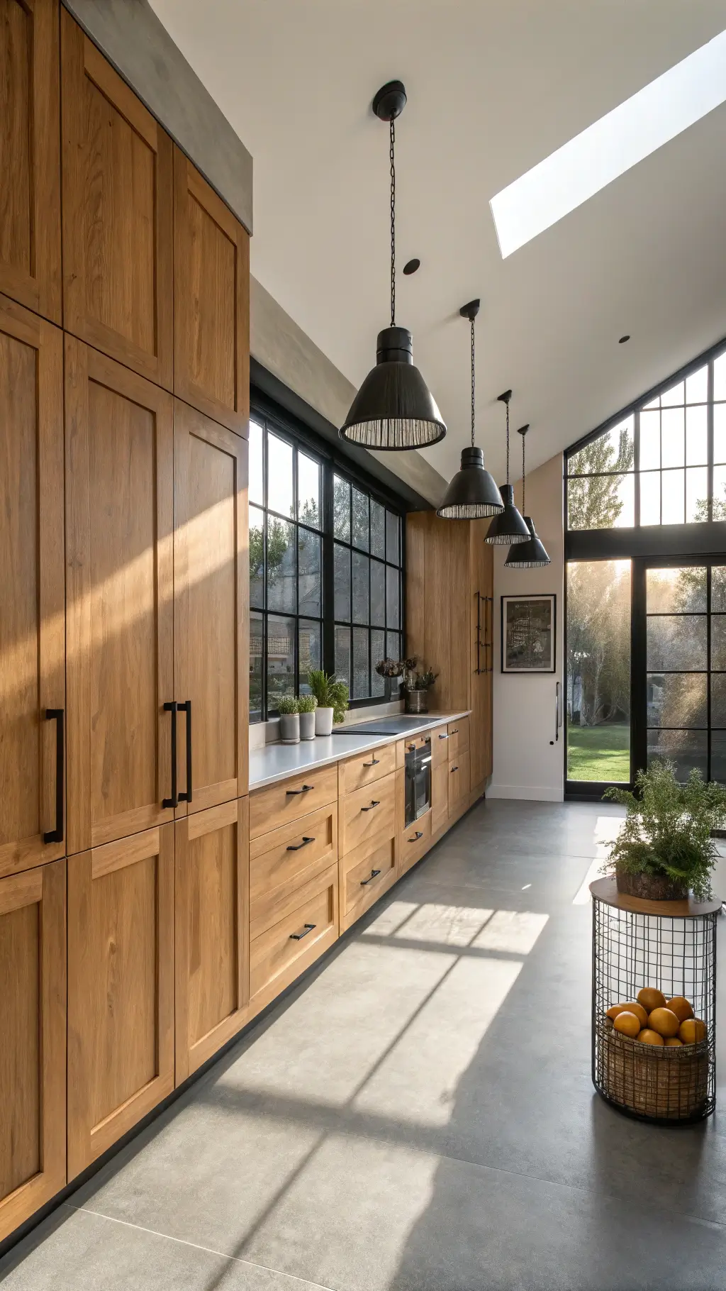 Corner kitchen with floor-to-ceiling honey oak cabinets, black pendant lights, concrete-look gray floor, and sunlit grid windows.