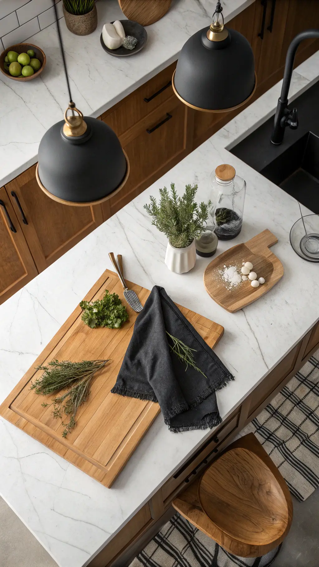 Overhead view of styled kitchen island with white quartzite countertop, honey oak cabinets, cutting boards, herbs in glass vases, and black tea towel under dramatic lighting.