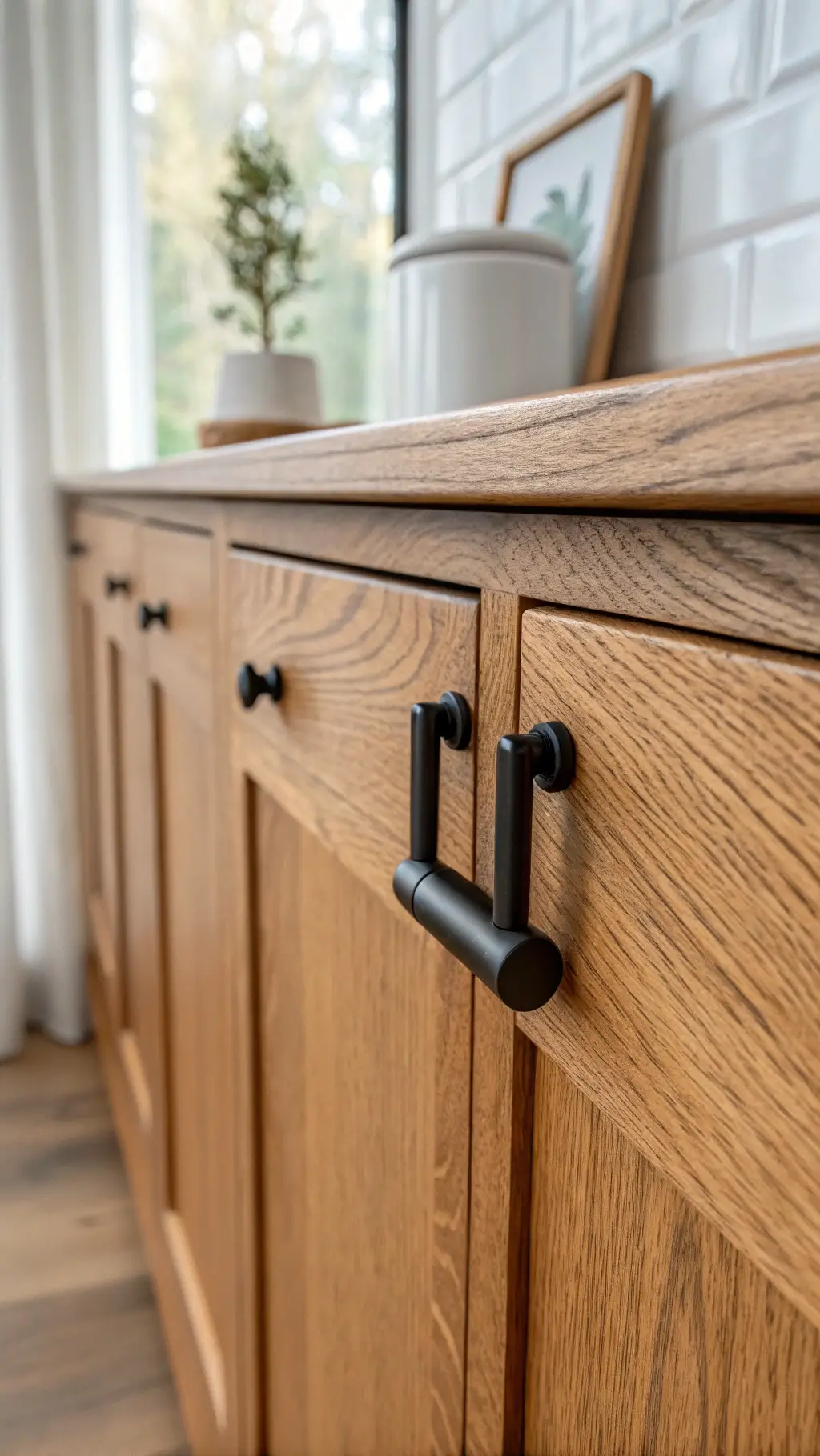 Macro shot of matte black cabinet handle on honey oak wood with visible grain, softly lit by natural diffused light, white ceramic vessel blurred in background.