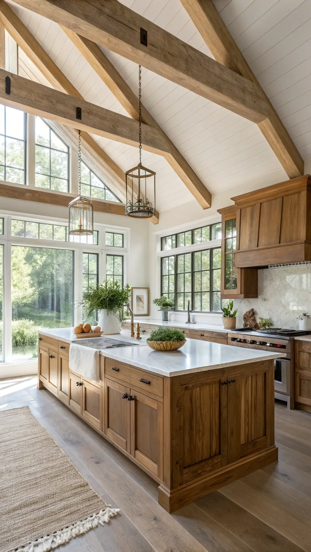 Modern farmhouse kitchen with oak shaker cabinets, white marble countertops, walnut island, and brass hardware, sunlit through large windows.