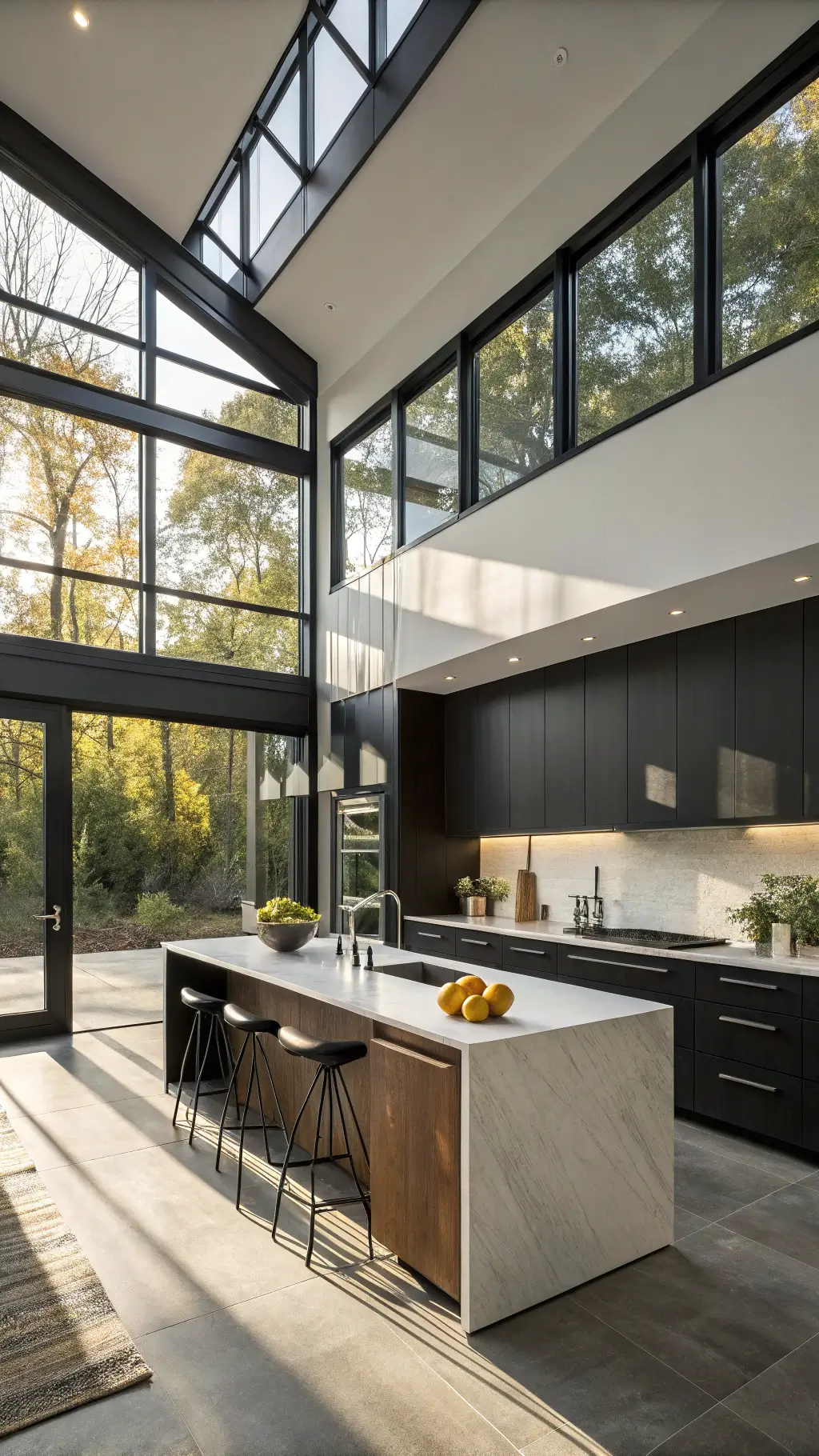 Modern kitchen with 12ft ceilings, matte black walnut cabinets, white quartz island, and dramatic sunlight through black-framed windows.