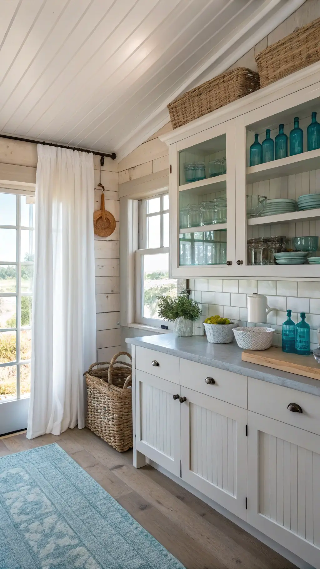 Coastal cottage kitchen with weathered white oak cabinets, blue-and-white chinaware, soapstone countertops, and open shelves styled with seagrass baskets and blue glass bottles, bathed in soft morning light.
