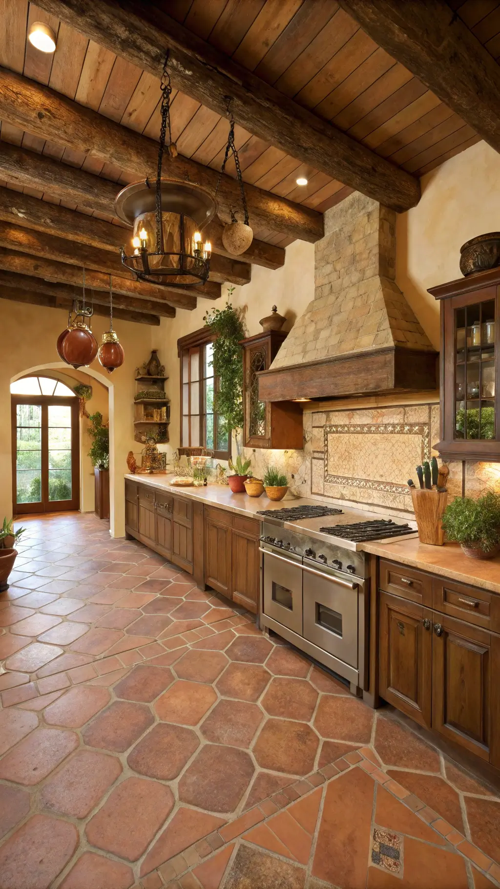 Rustic Mediterranean kitchen with terracotta tile floors, distressed alder cabinets, copper pots, and golden hour lighting highlighting old-world textures and earthy tones.