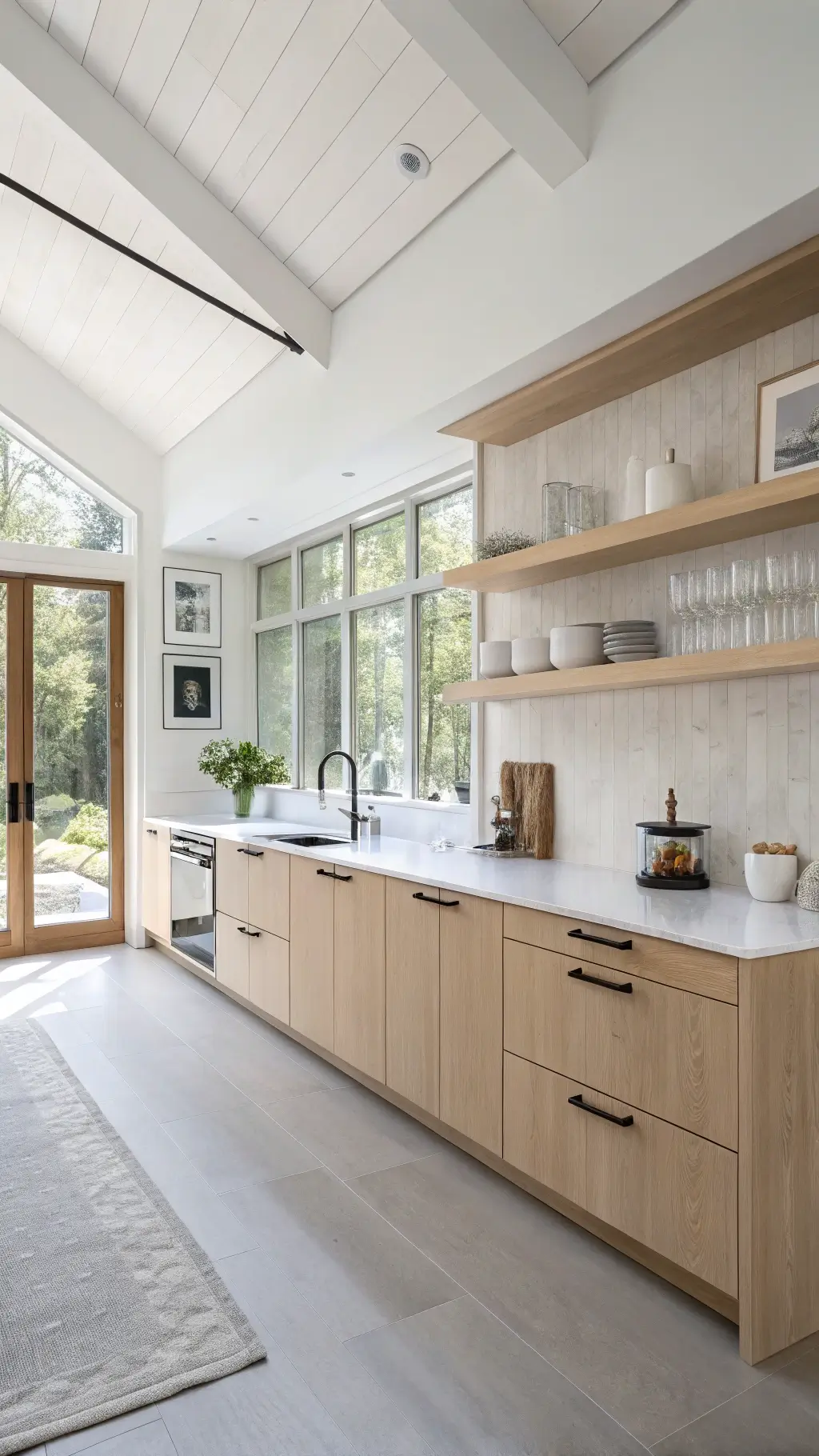 Scandinavian modern kitchen with pale maple cabinets, white quartz counters, open shelving, and minimal decor in a serene, light-filled 16x18ft space.