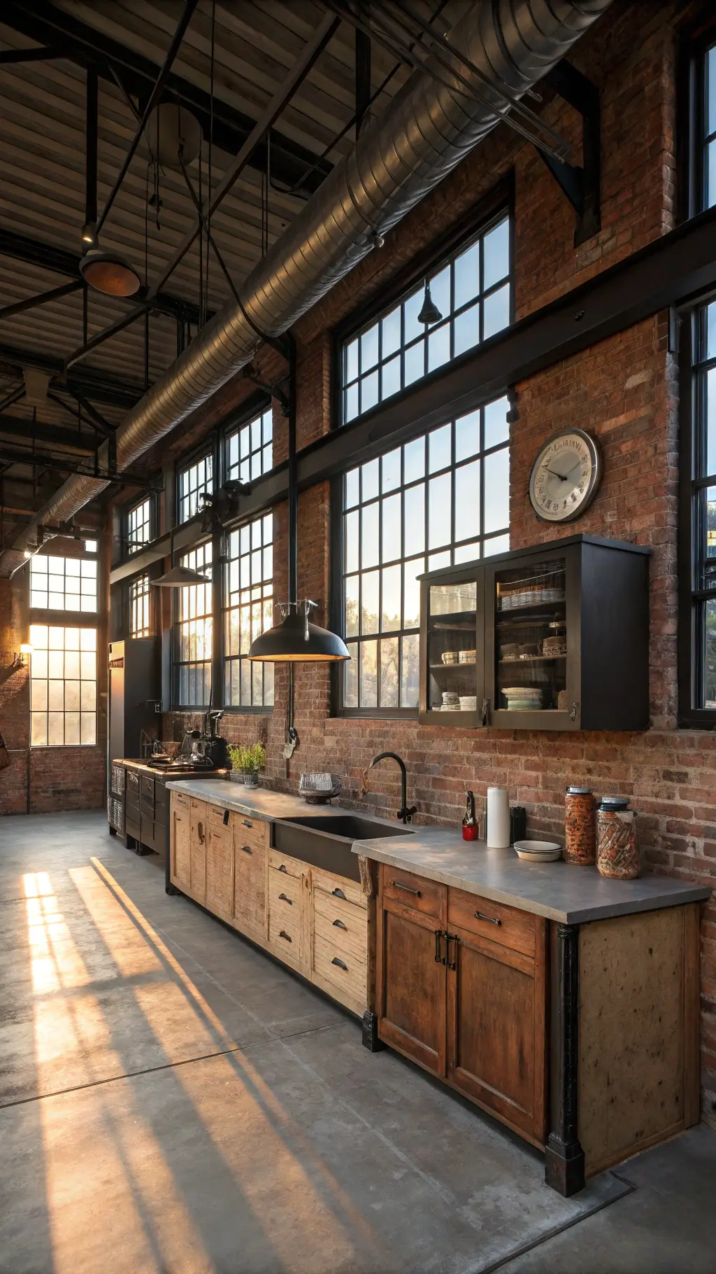 Industrial loft kitchen with exposed brick walls, steel beams, reclaimed oak cabinets, and concrete counters in late afternoon light.