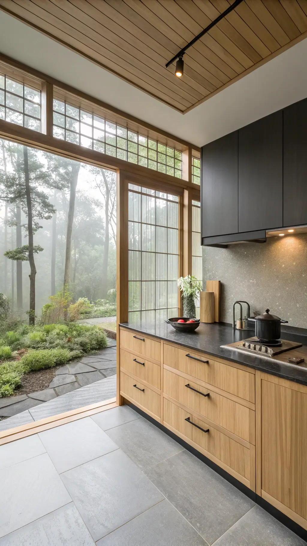 Modern Japanese kitchen with bamboo cabinets, black granite counters, and shoji screens, softly lit by morning mist through large garden-facing windows.