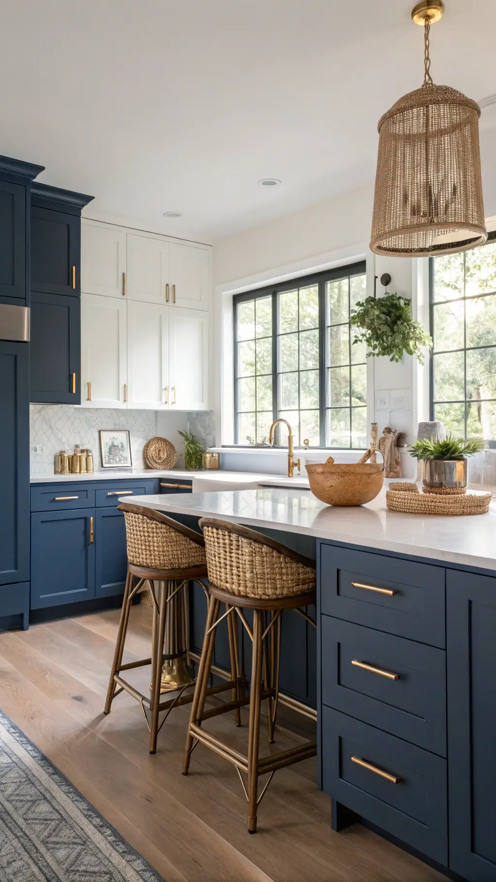 Navy blue Shaker kitchen at golden hour with brass handles, white quartz countertops, copper cookware, and rattan accents.
