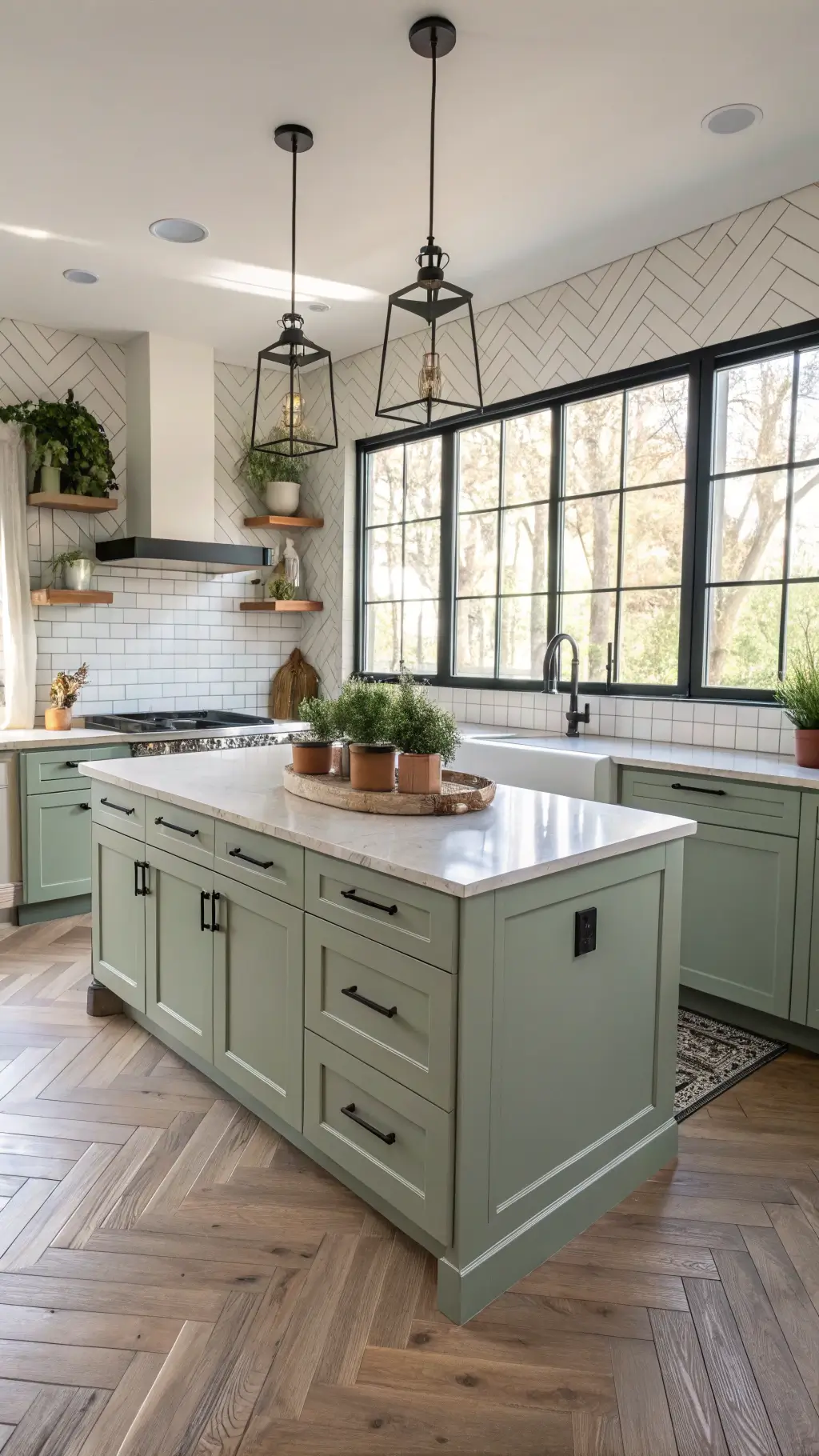 Modern farmhouse kitchen with sage green Shaker cabinets, waterfall island, herringbone wood floors, and industrial windows.