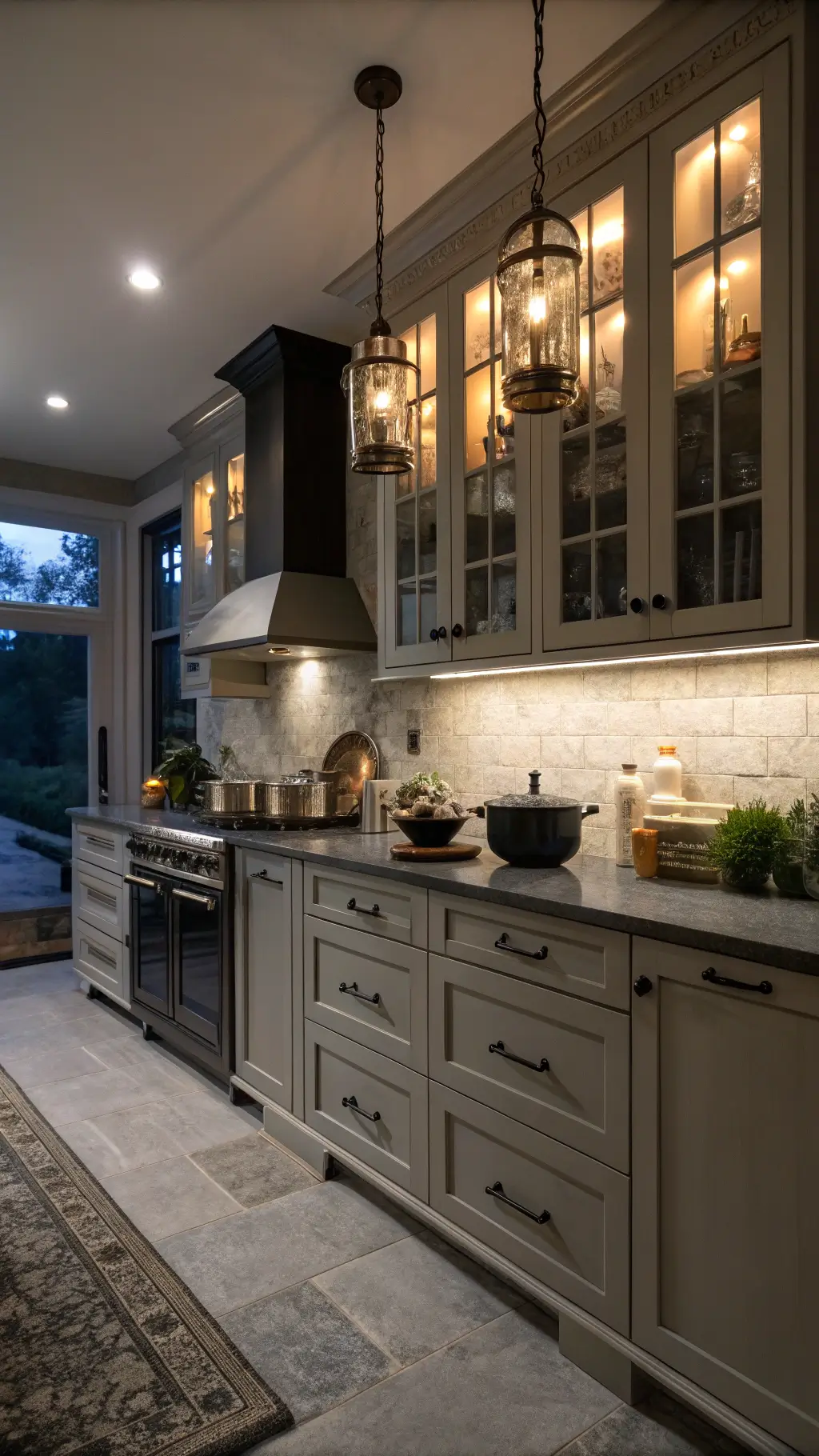 Moody evening kitchen with warm gray Shaker cabinets, under-cabinet lighting, metallic hardware, and stone countertops in a 10x12ft space.