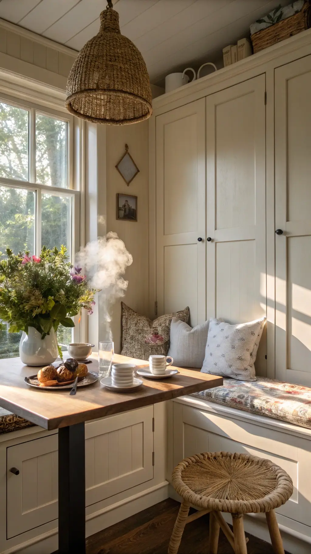 Cozy cream Shaker-style breakfast nook with steam rising from mugs, natural linen cushions, vintage breadboards, fresh flowers, and morning light casting shadows from a woven pendant.