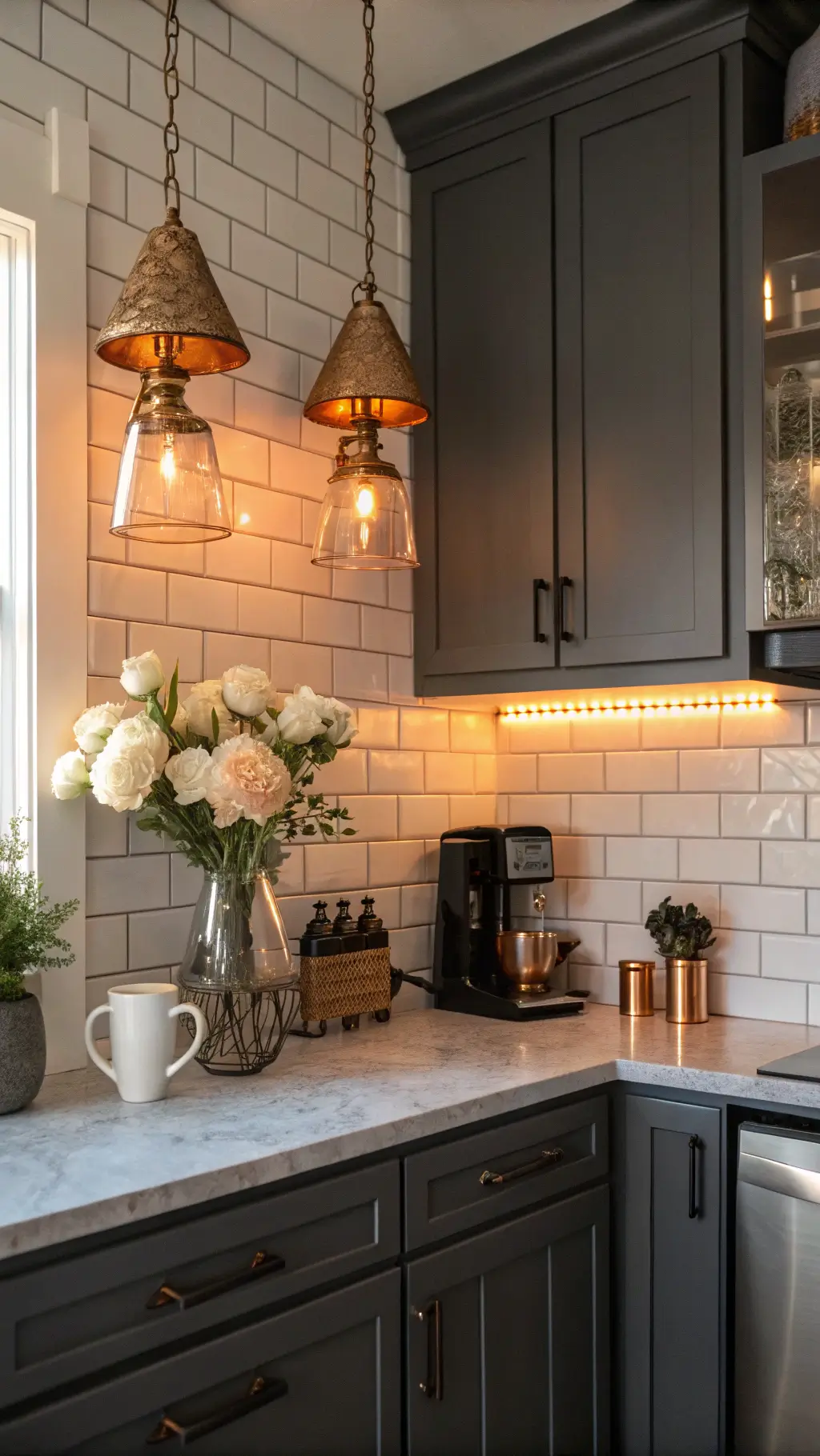 Cozy kitchen nook with dark grey shaker cabinets, warm sunset glow, pearl white subway tile backsplash, copper pendant lights, and a styled coffee station with espresso machine, ceramic mugs, and fresh flowers.