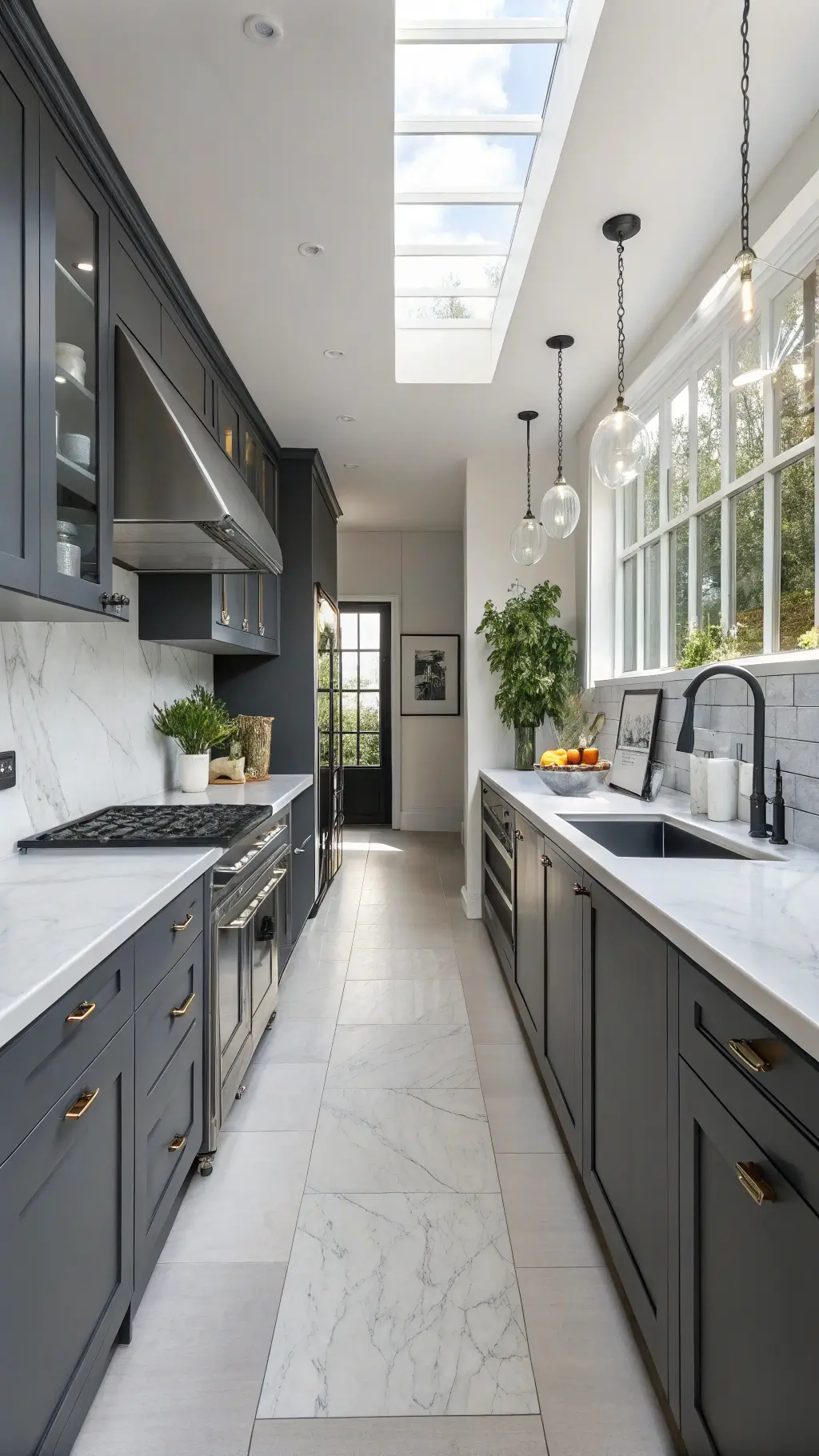 Modern 10x14ft galley kitchen with charcoal grey flat-panel cabinets, white marble countertops, stainless steel appliances, and minimalist decor viewed from above.