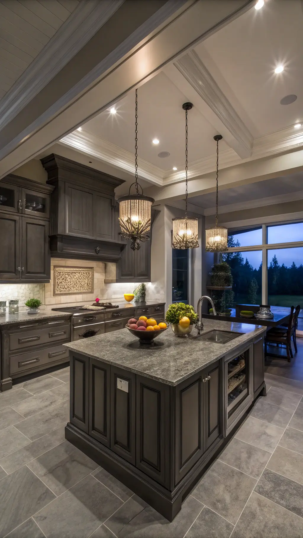Moody open-concept kitchen at dusk with graphite grey cabinets, oversized charcoal island, smoked glass pendant lights, and sophisticated styling elements.