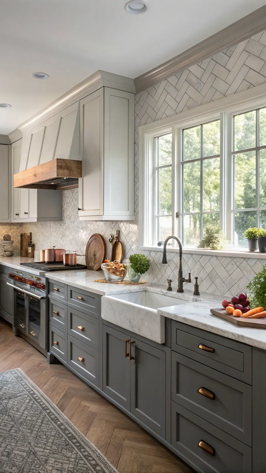 L-shaped kitchen with dark grey lower cabinets, light grey uppers, marble herringbone backsplash, bronze hardware, and vintage copper cookware in soft afternoon light.